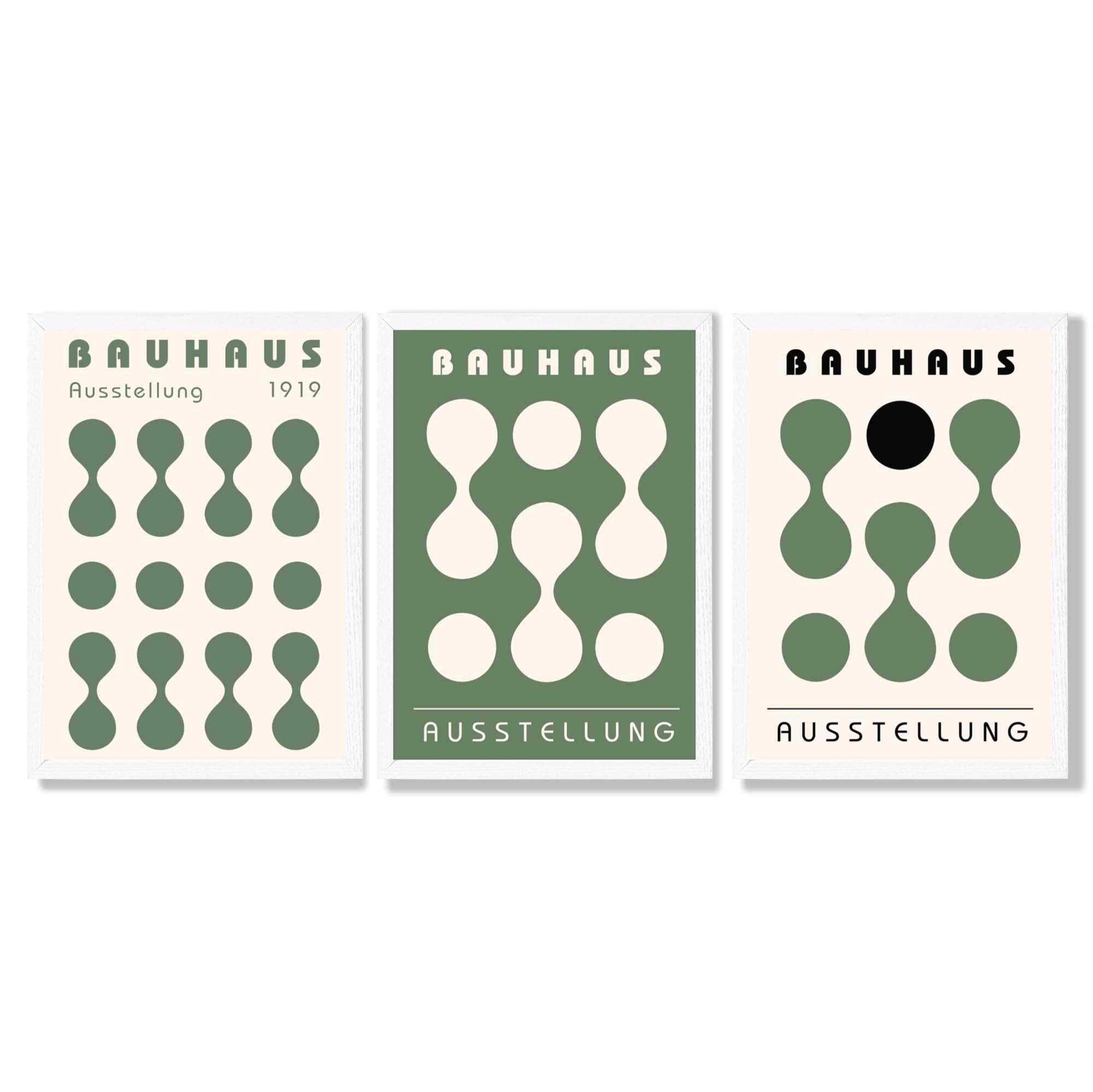 Set of 3 Bauhaus Modern Organic Green Framed Wall Art with White Wooden Frames