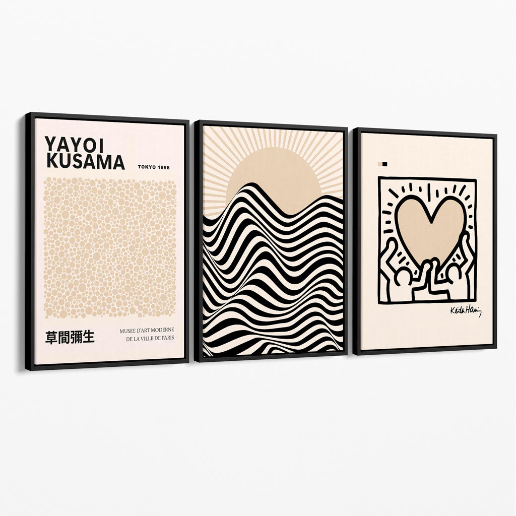 Set of 3 Beige Bauhaus, Yayoi Kusama and Keith Haring Modern Canvas Prints with Black Float Frame