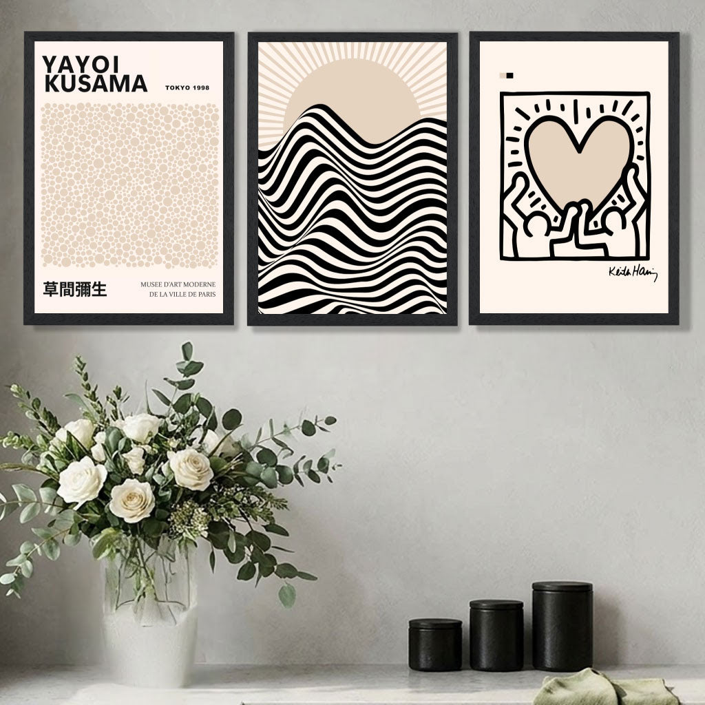 Set of 3 Beige Bauhaus, Yayoi Kusama and Keith Haring Modern Art Prints in Oak Frames | Artze UK