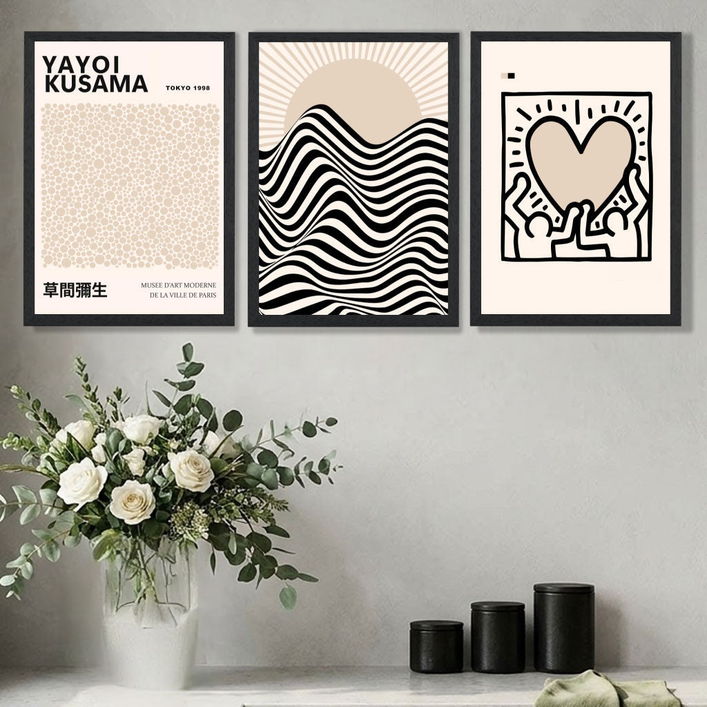 Set of 3 Beige Bauhaus, Yayoi Kusama Japandi Modern Art Prints in Oak Frames | Artze UK