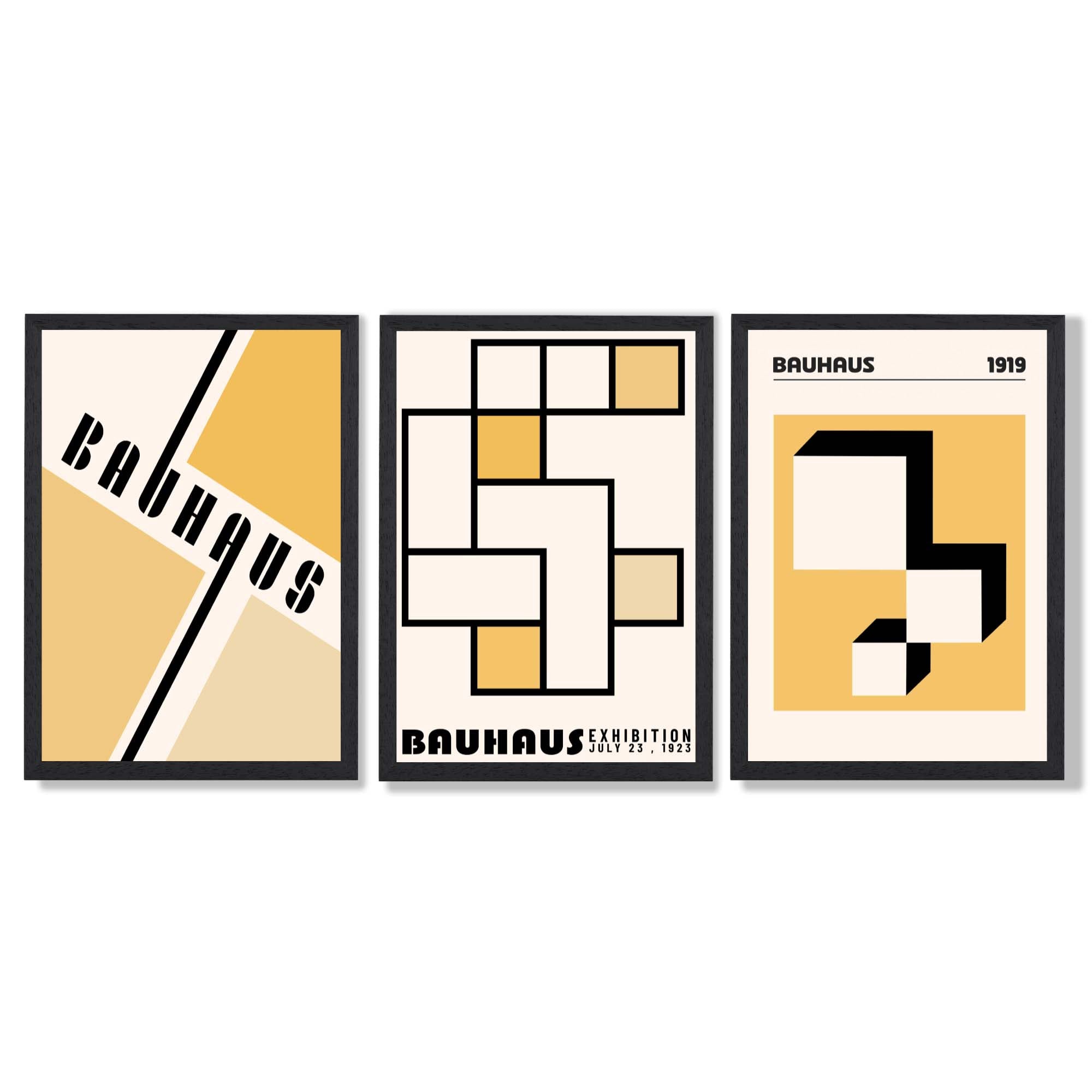 Set of 3 Yellow Bauhaus Squares Modern Framed Wall Art with Black Wooden Frames