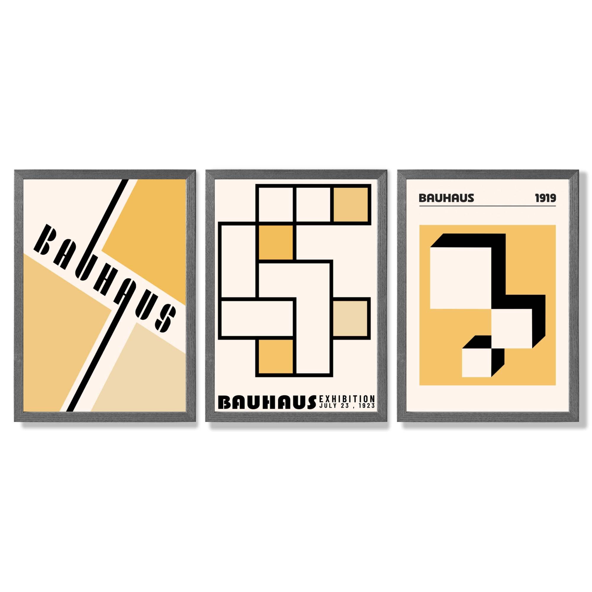 Set of 3 Yellow Bauhaus Squares Modern Framed Wall Art with Dark Grey Wooden Frames