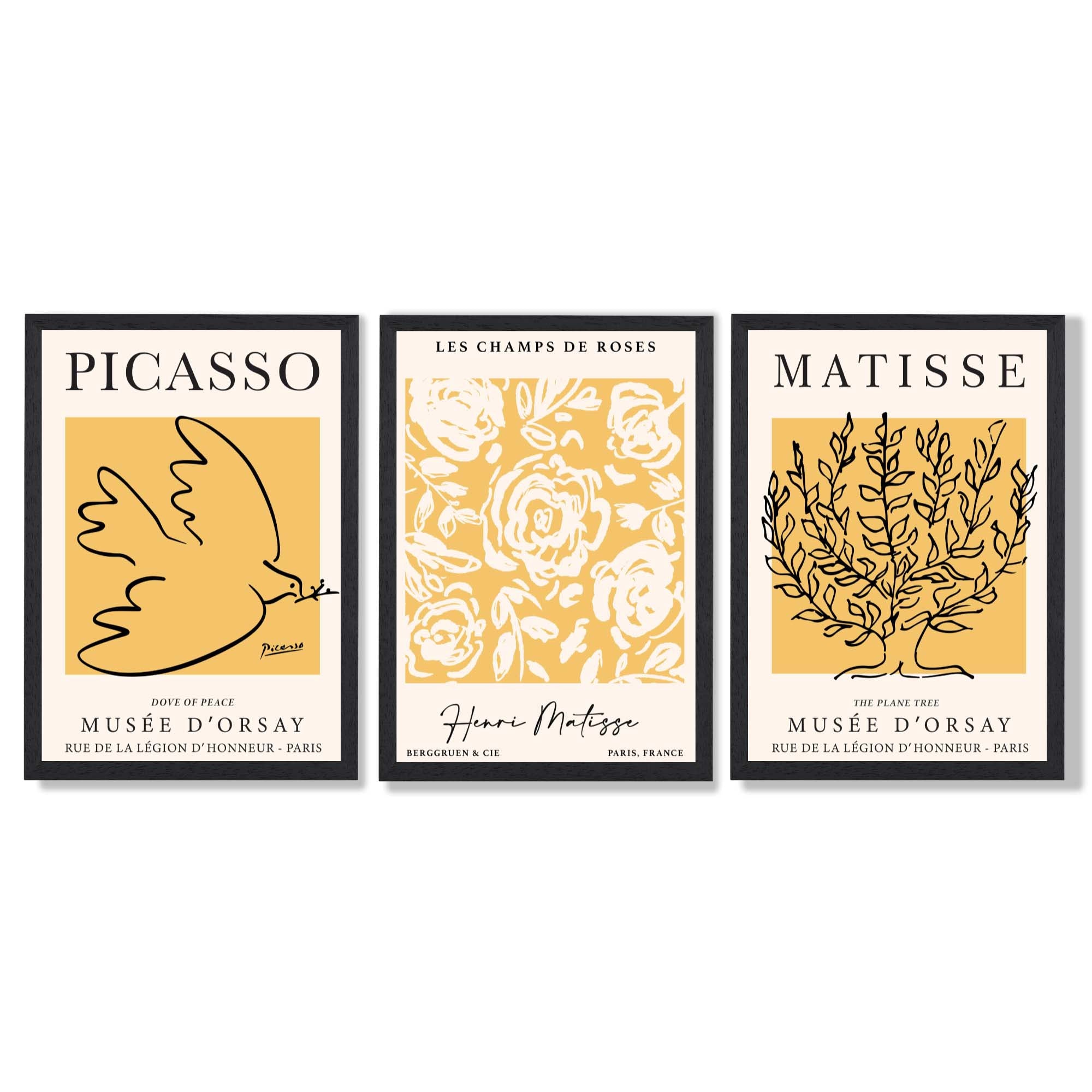 Set of 3 Picasso and Matisse Yellow Floral Framed Wall Art with Black Wooden Frames