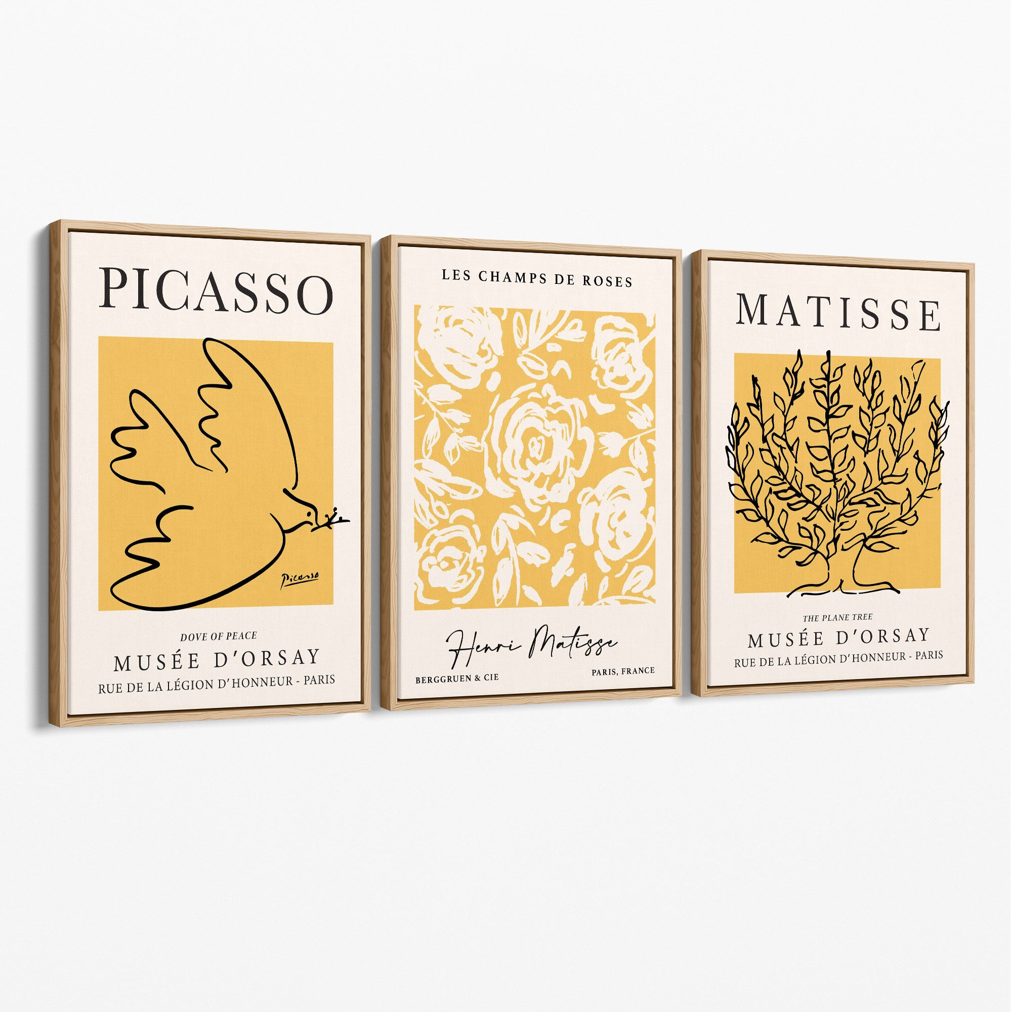Set of 3 Picasso and Matisse Yellow Floral Canvas Prints with Oak Float Frame