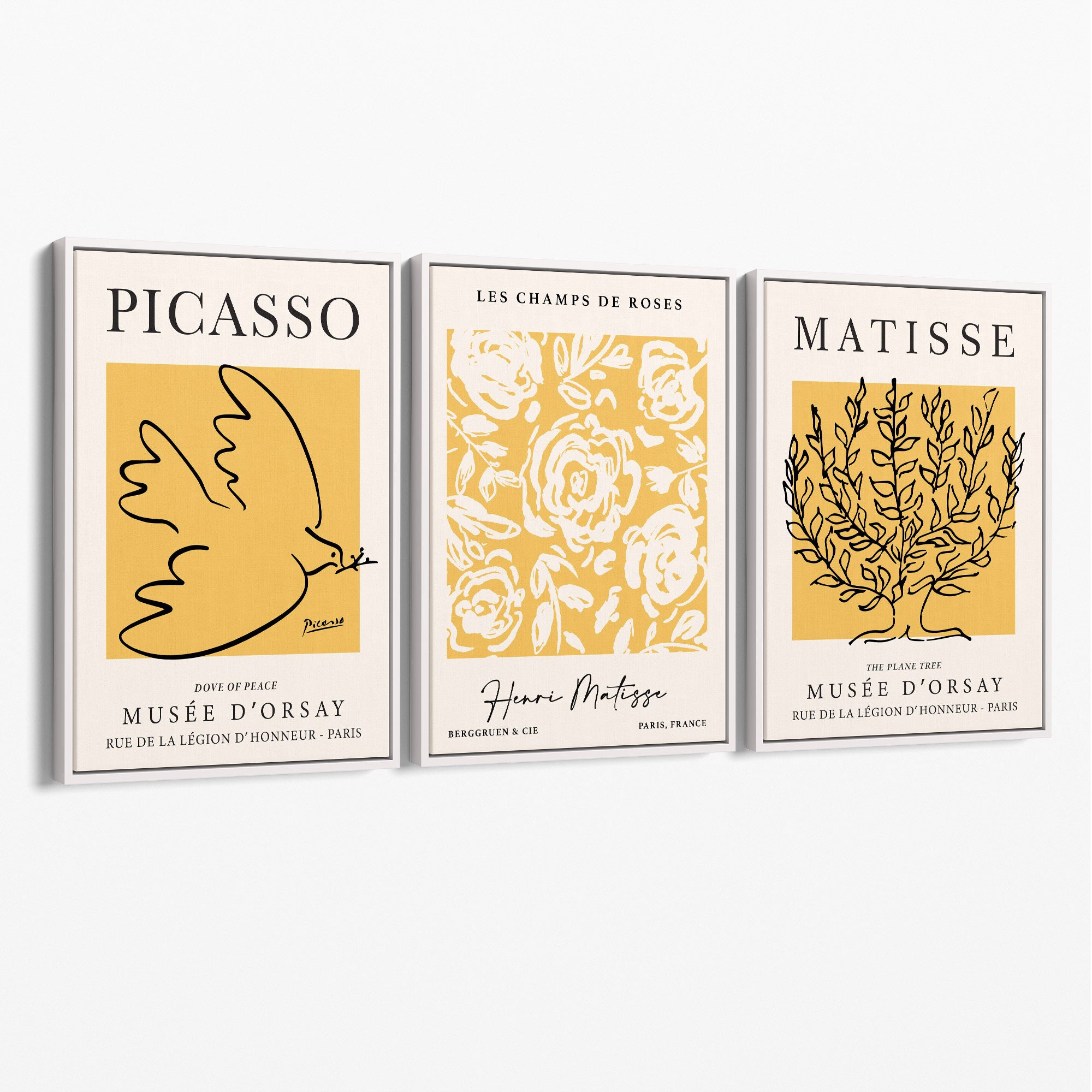 Set of 3 Picasso and Matisse Yellow Floral Canvas Prints with White Float Frame