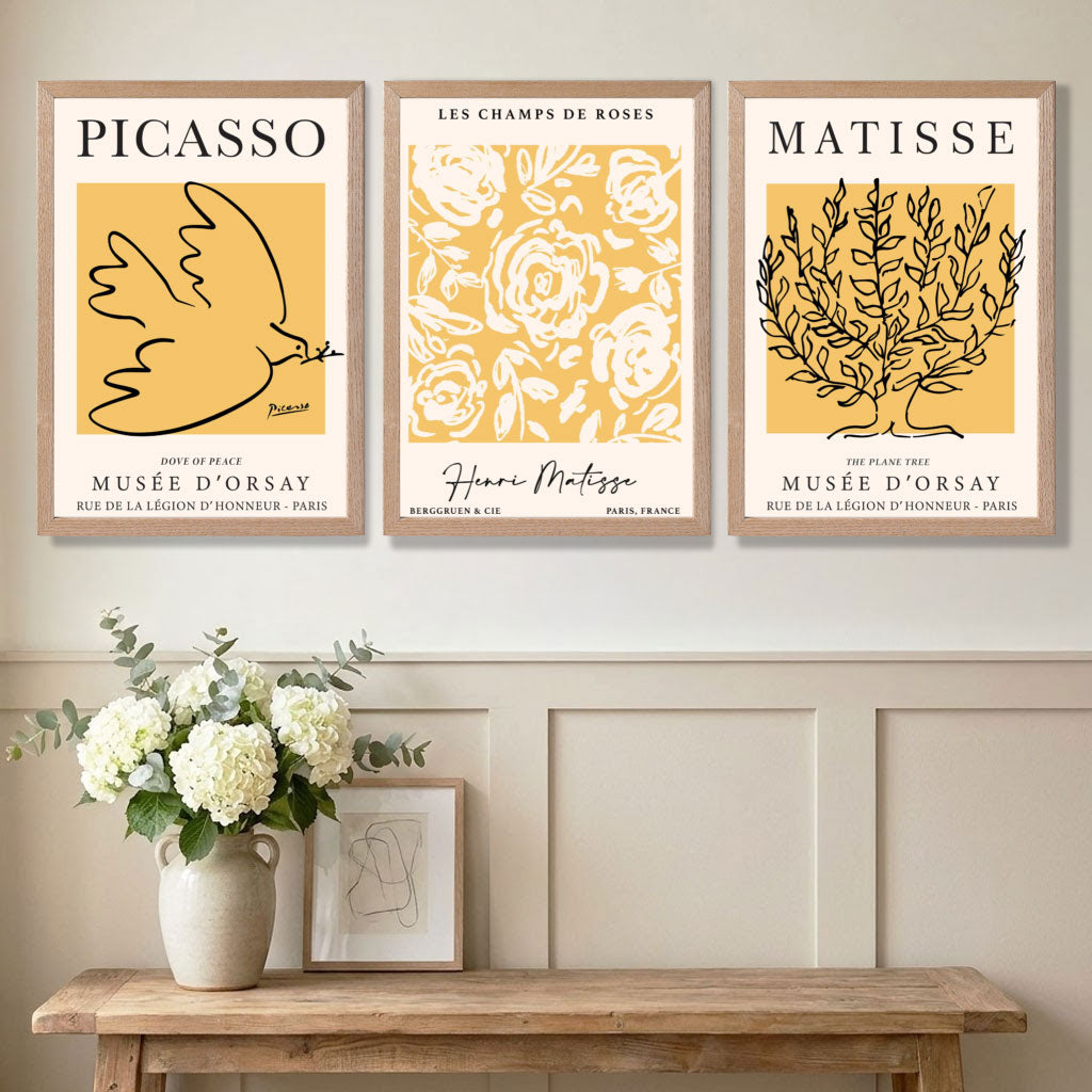 Set of 3 Picasso and Matisse Yellow Floral Art Prints in White Frames | Artze UK