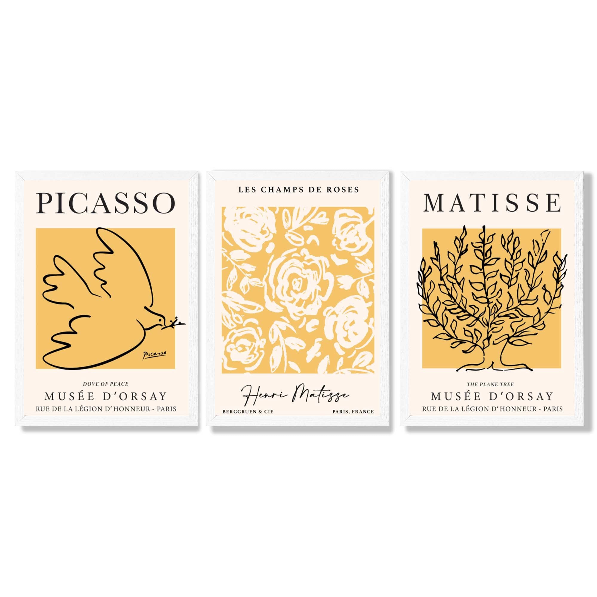 Set of 3 Picasso and Matisse Yellow Floral Framed Wall Art with White Wooden Frames