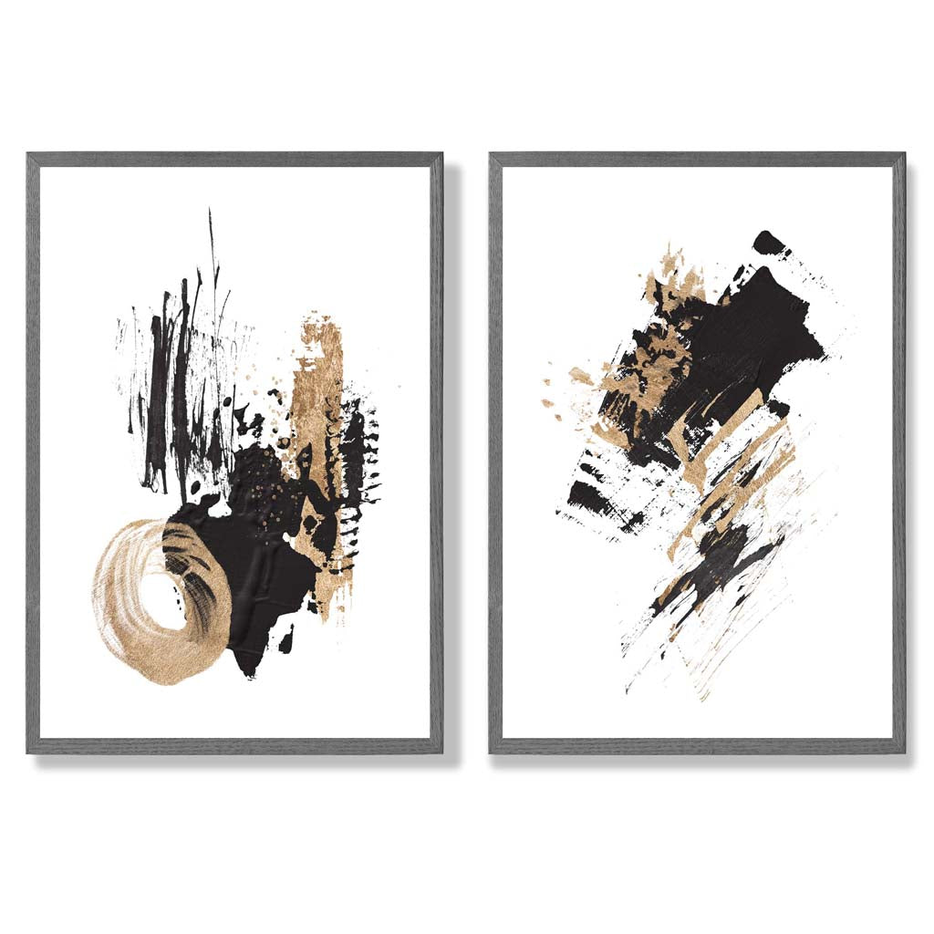 Black and Gold Abstract Oil Strokes Set of 2 Art Prints with Dark Grey Frame