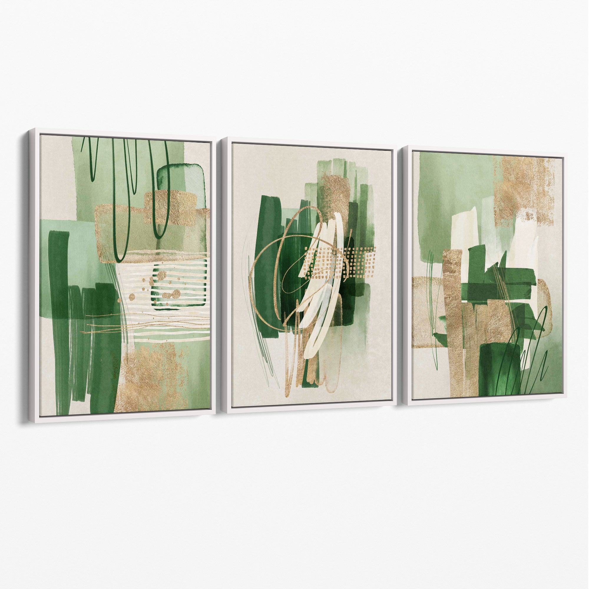 Set of 3 Abstract Green with Gold Canvas Prints with White Float Frame