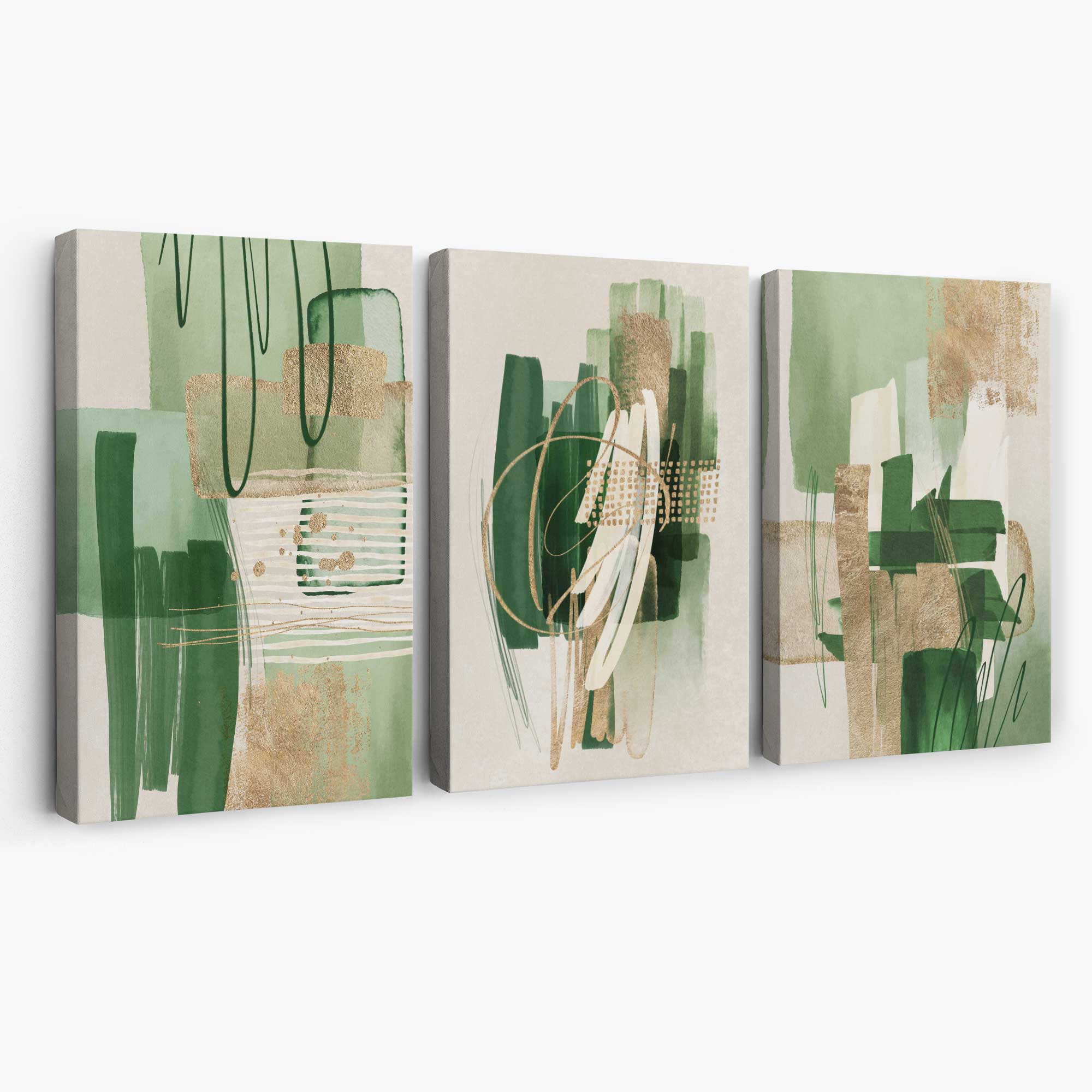 Set of 3 Abstract Green with Gold Canvas Prints | Artze Wall Art