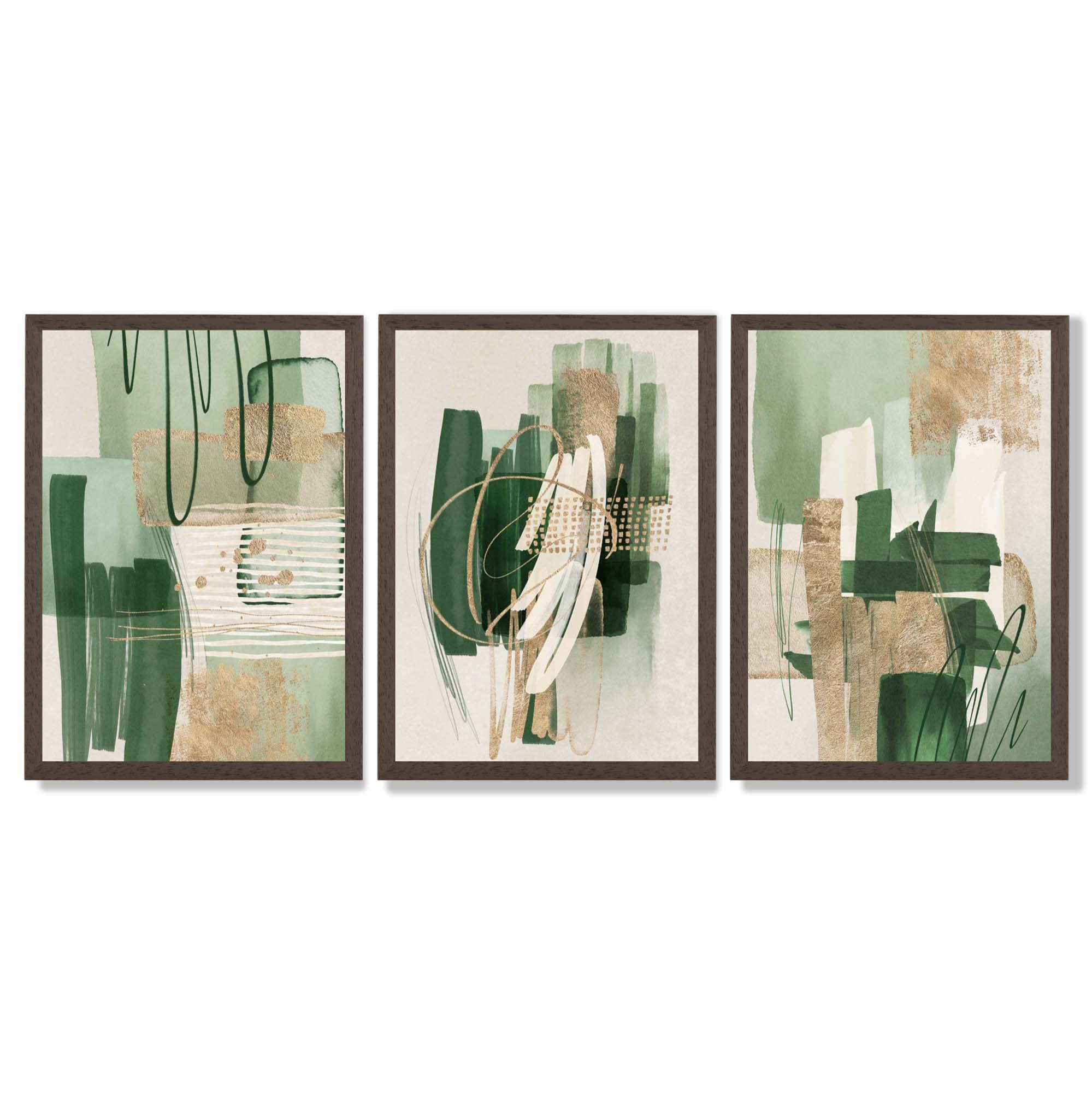 Set of 3 Abstract Green with Gold Framed Wall Art with Dark Wood Frames