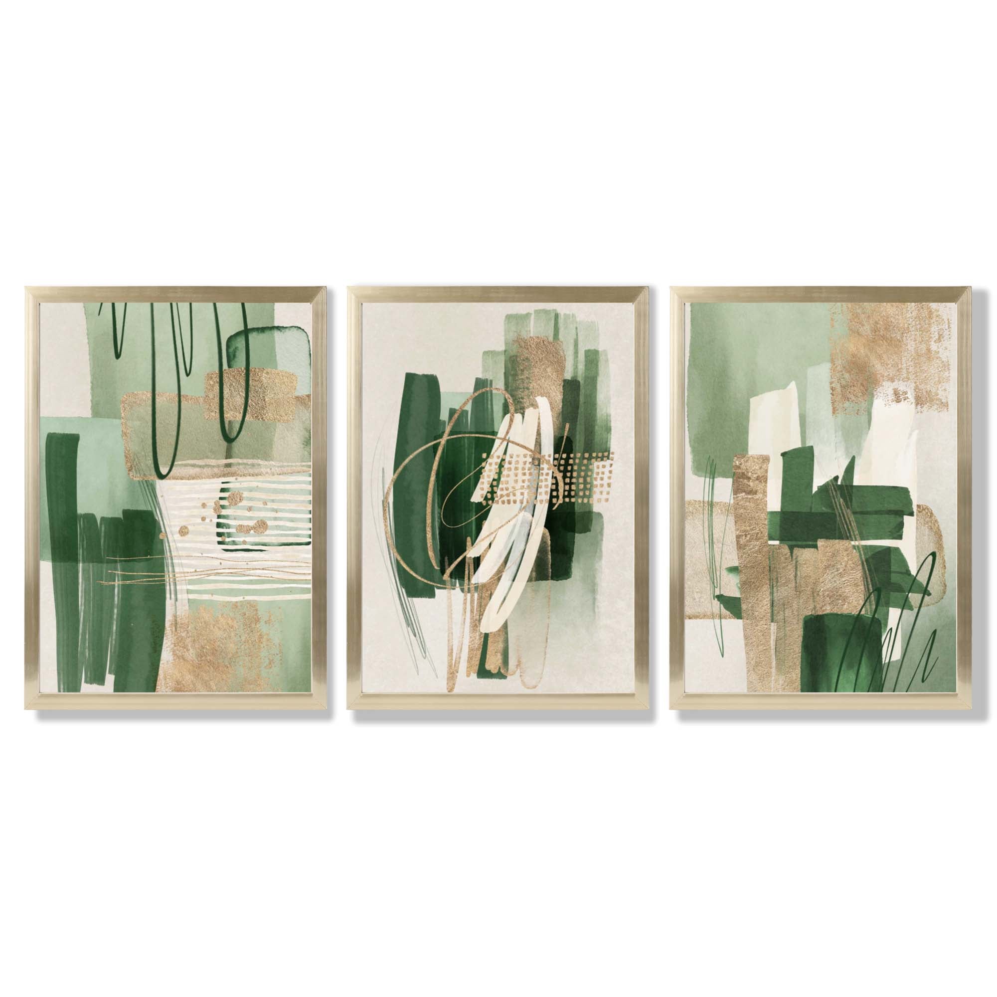 Set of 3 Abstract Green with Gold Framed Wall Art with Gold Wood Frames