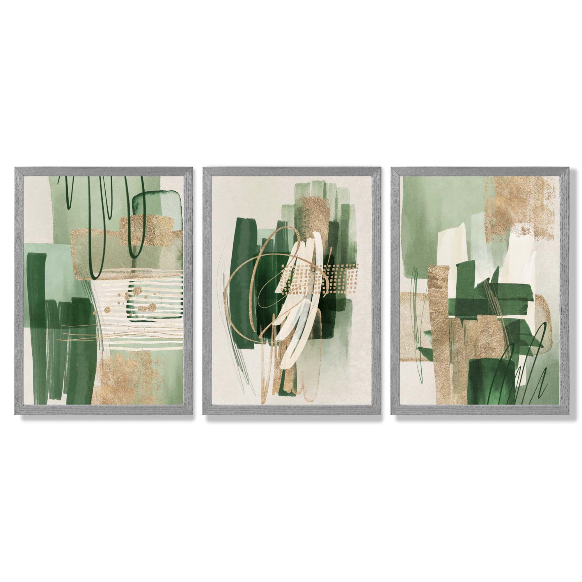 Set of 3 Abstract Green with Gold Framed Wall Art with Light Grey Wooden Frames