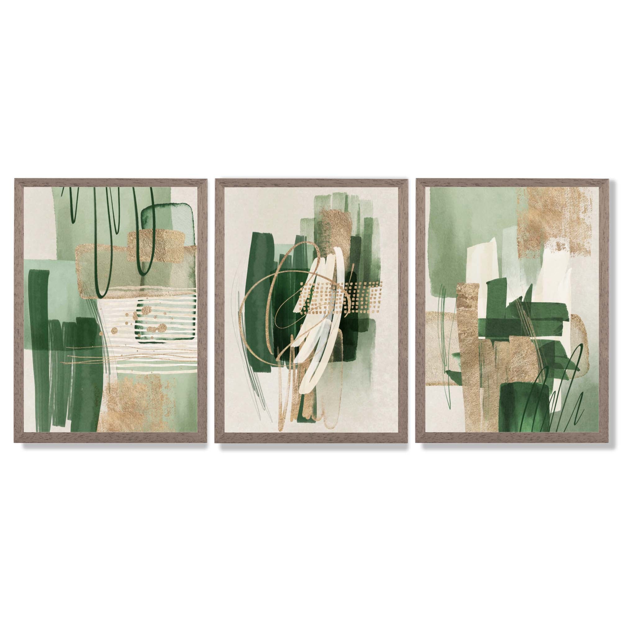 Set of 3 Abstract Green with Gold Framed Wall Art with Light Walnut Frames