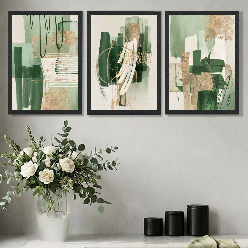 Set of 3 Abstract Green with Gold Art Prints in Oak Frames | Artze UK