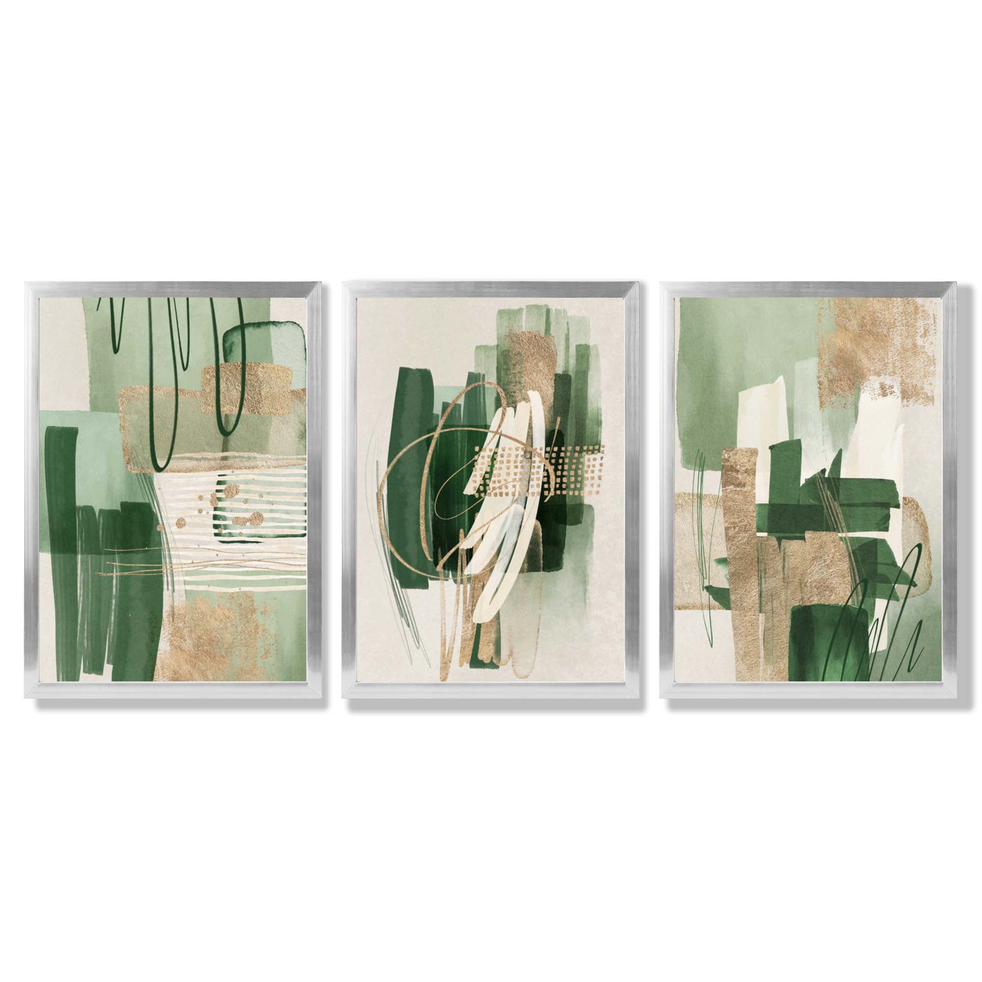 Set of 3 Abstract Green with Gold Framed Wall Art with Silver Wood Frames
