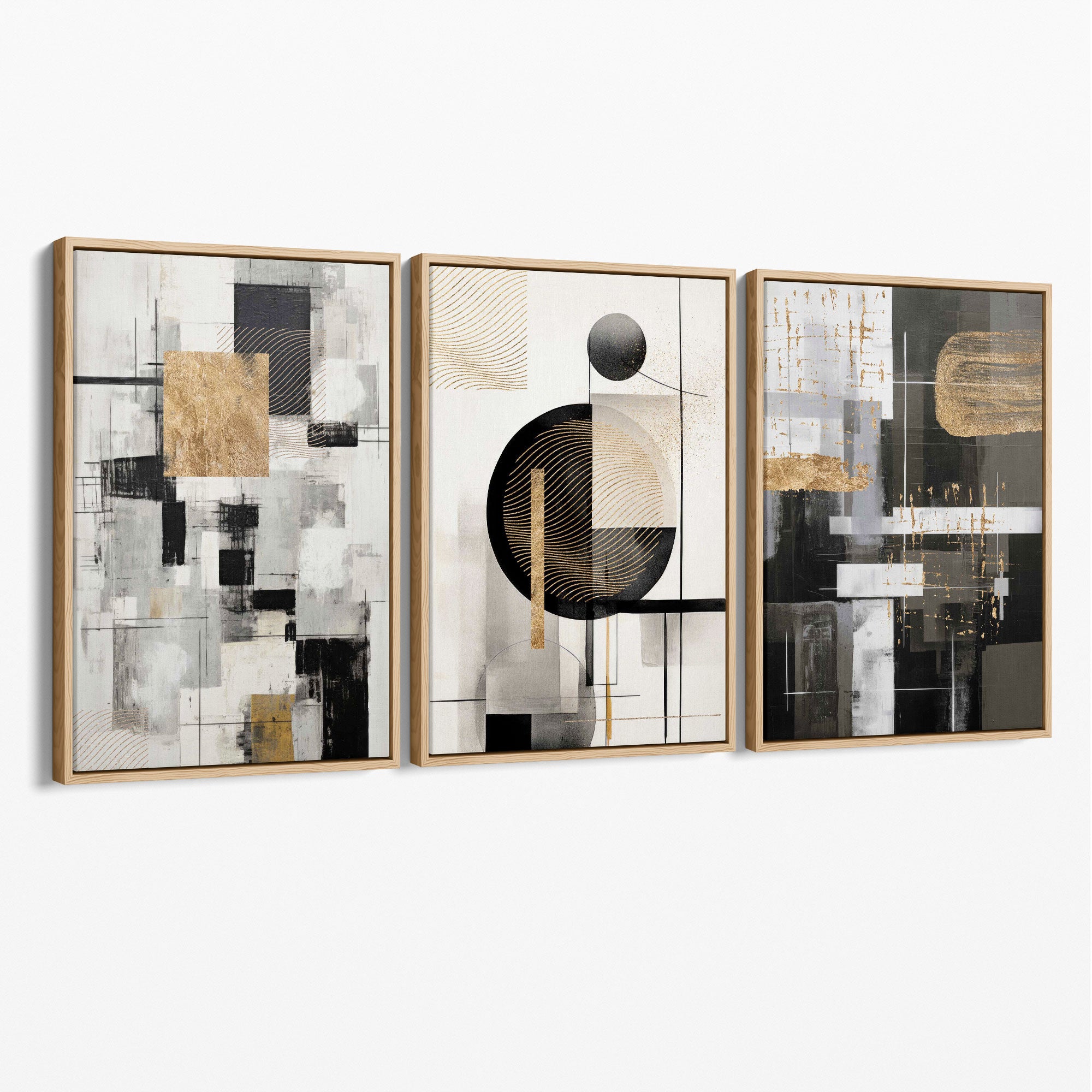 Set of 3 Abstract Geometric Black and Beige Canvas Prints with Oak Float Frame