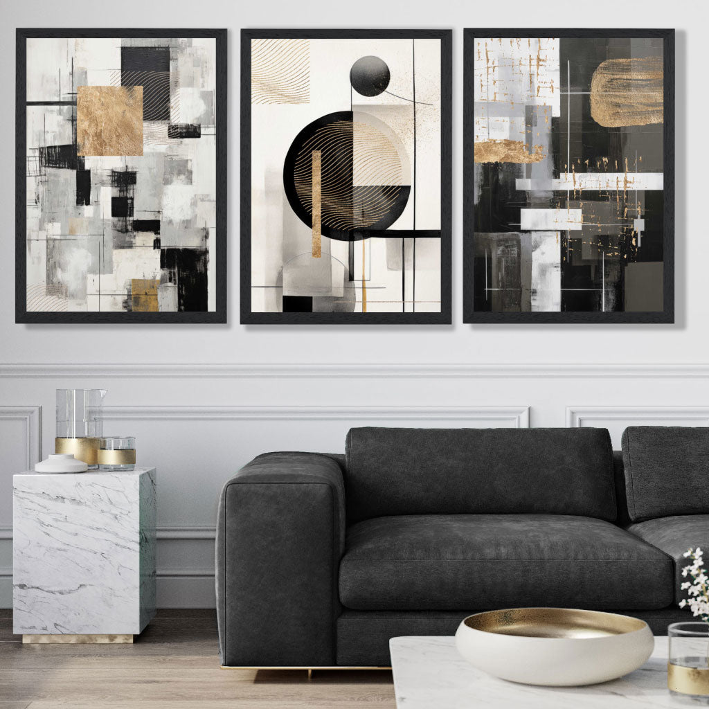 Set of 3 Abstract Geometric Black and Beige Art Prints in Black Frames | Artze UK
