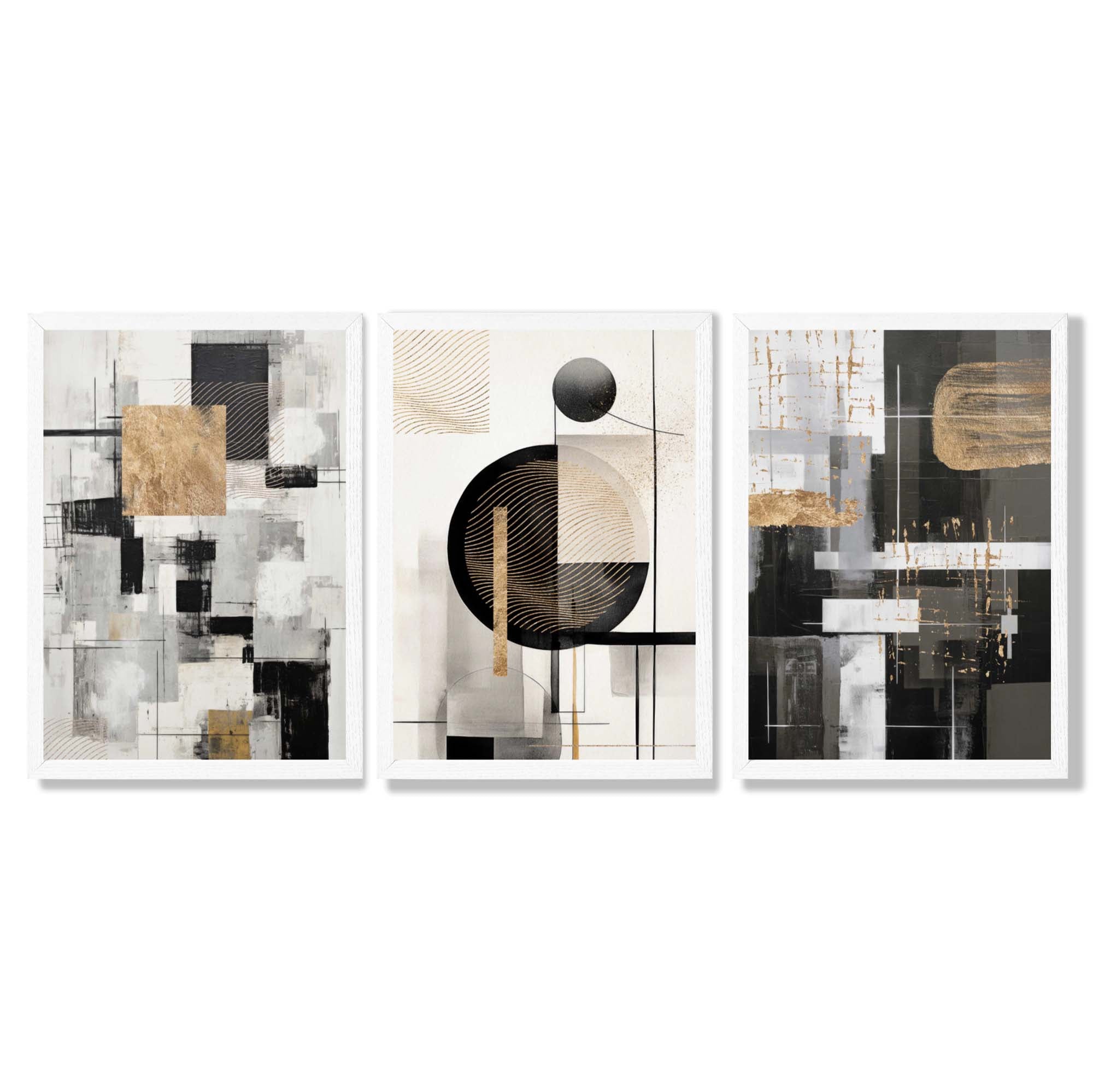 Set of 3 Abstract Geometric Black and Beige Framed Wall Art with White Wooden Frames