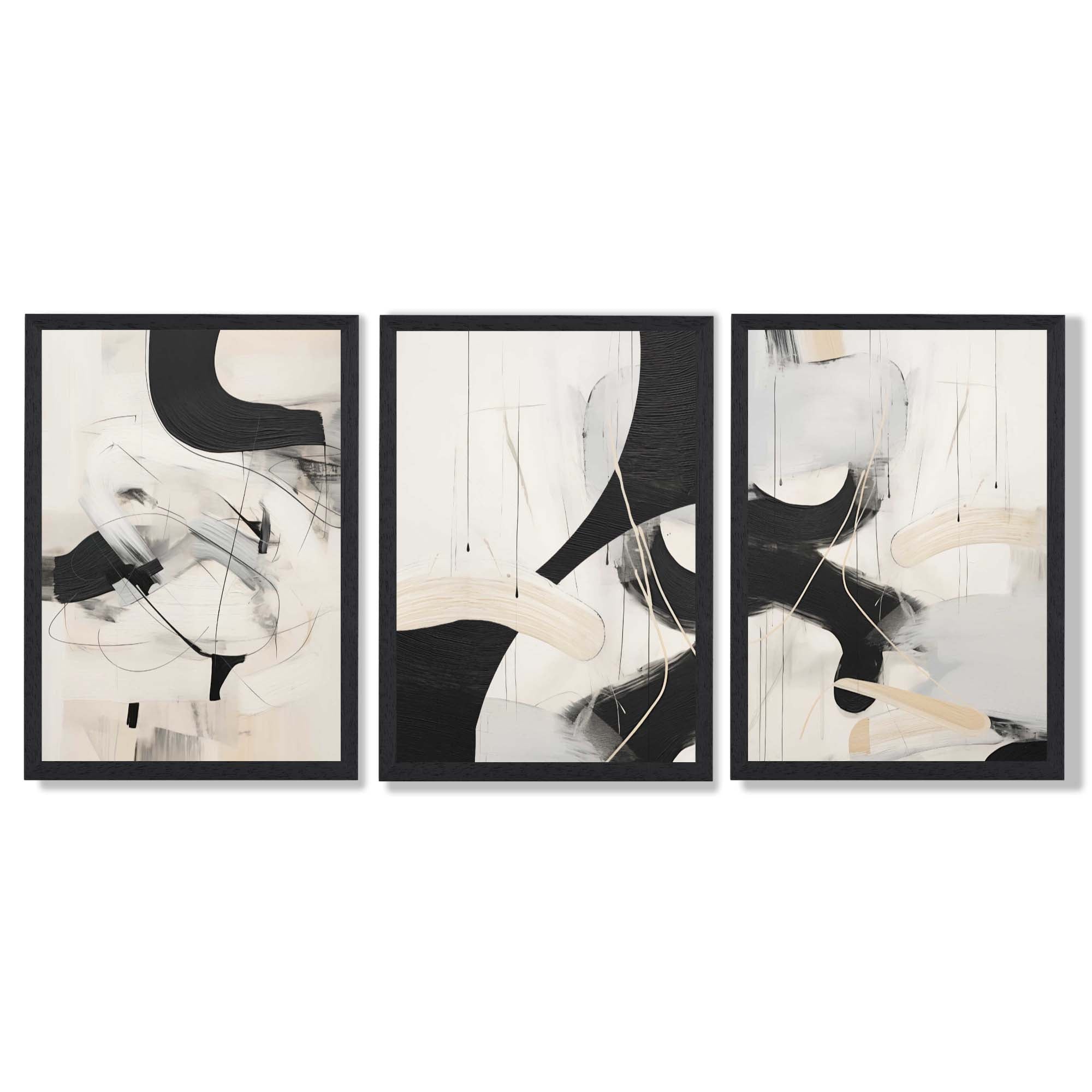 Beige and Black Set of 3 Abstract Framed Wall Art with Black Wooden Frames