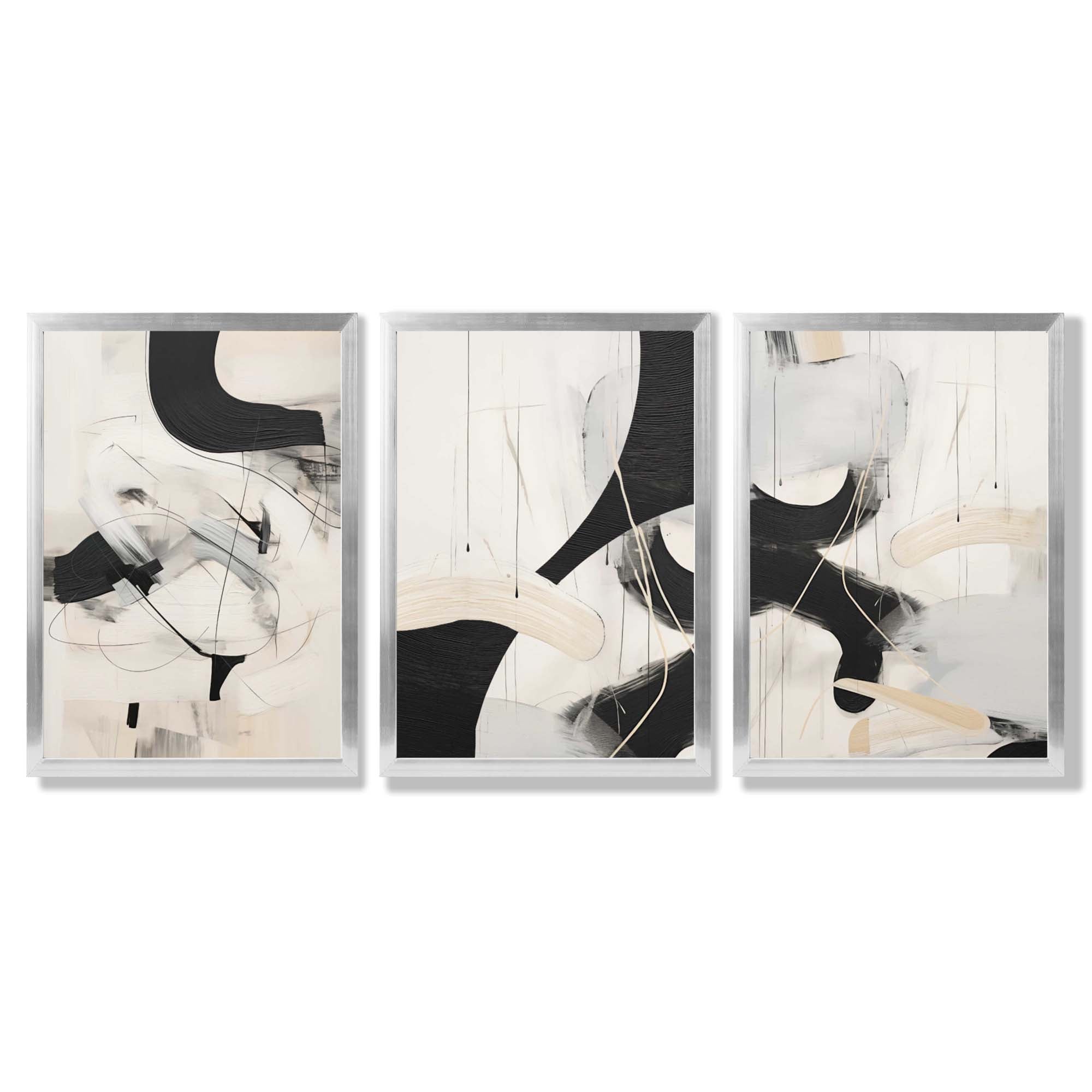 Beige and Black Set of 3 Abstract Framed Wall Art with Silver Wood Frames