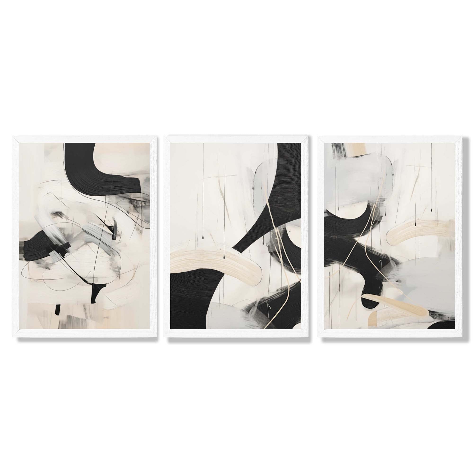 Beige and Black Set of 3 Abstract Framed Wall Art with White Wooden Frames