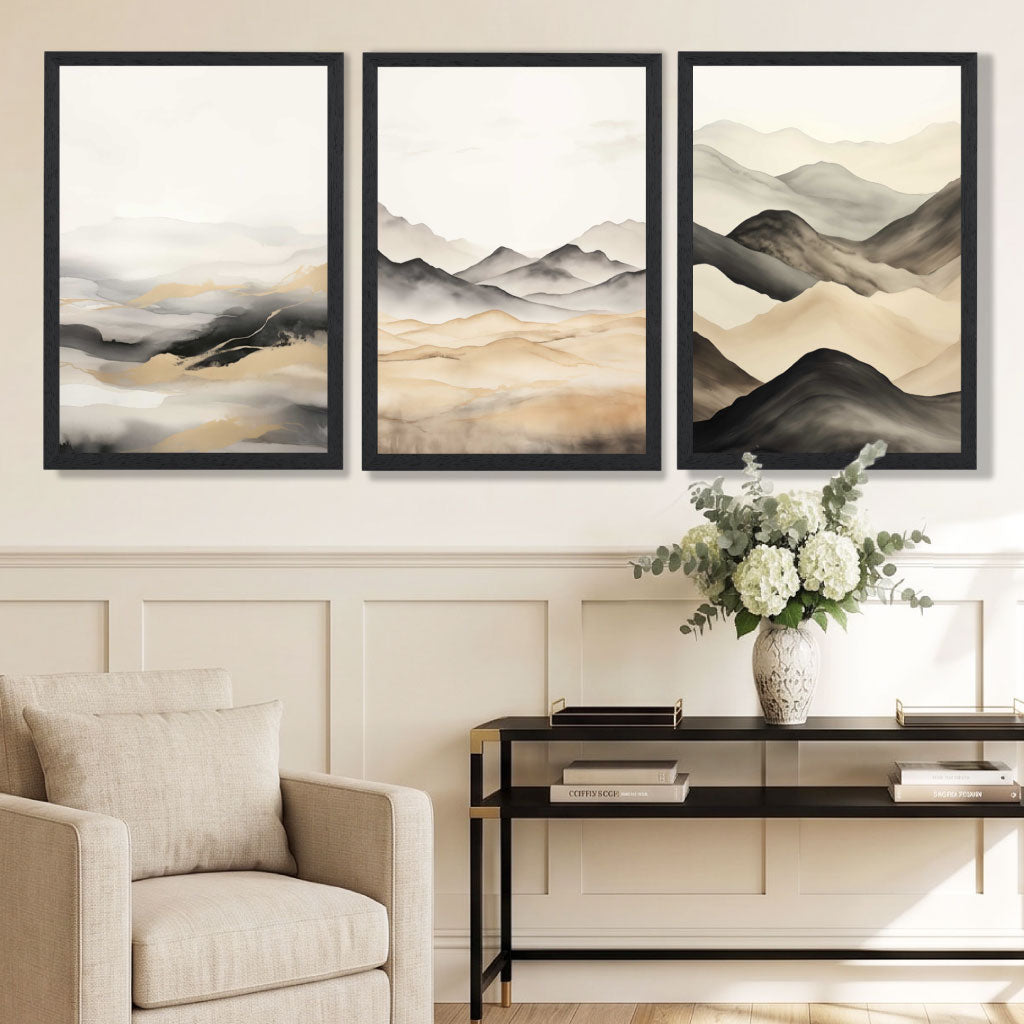 Beige and Black Set of 3 Abstract Mountains Framed Wall Art with Black Wooden Frames