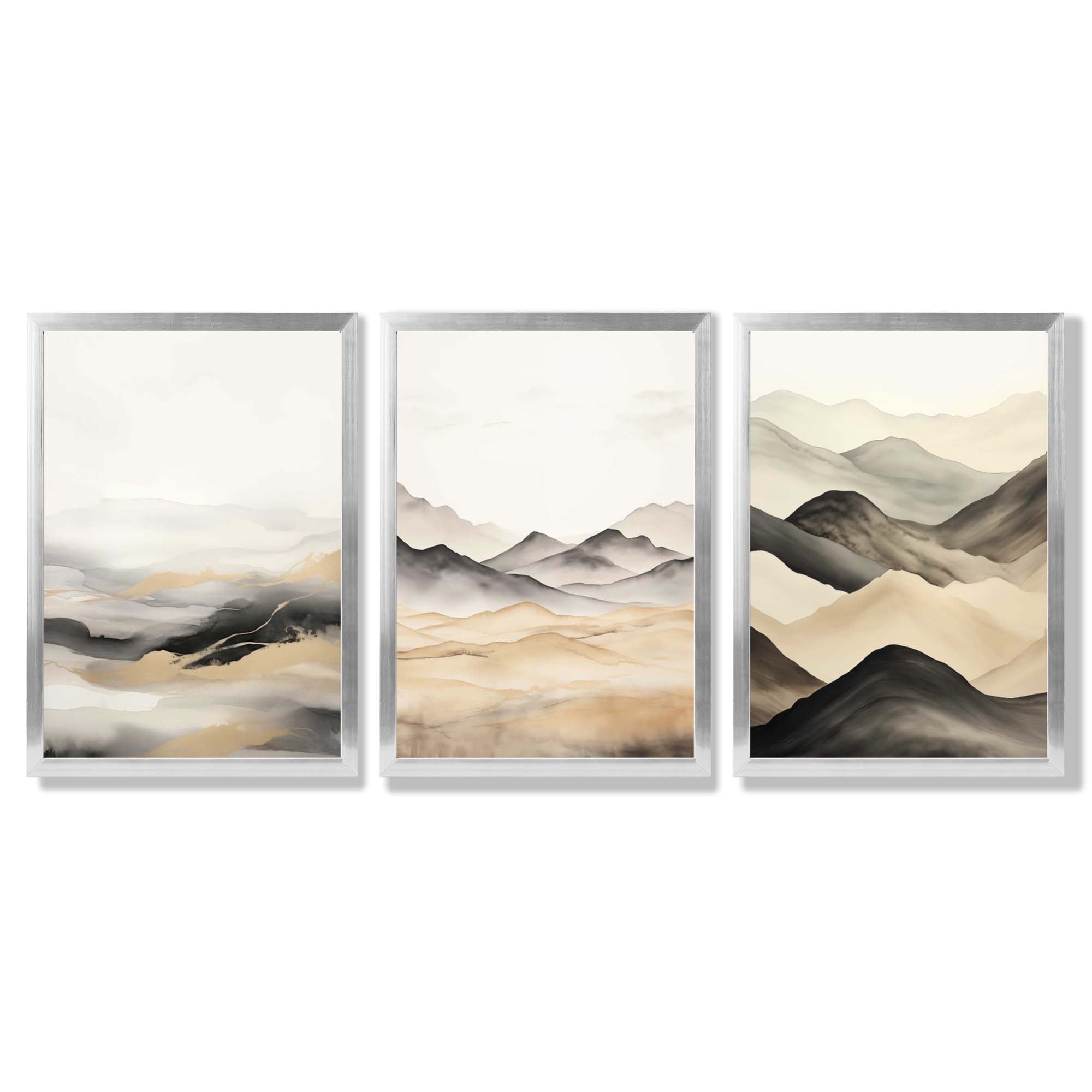 Beige and Black Set of 3 Abstract Mountains Framed Wall Art with Silver Wood Frames