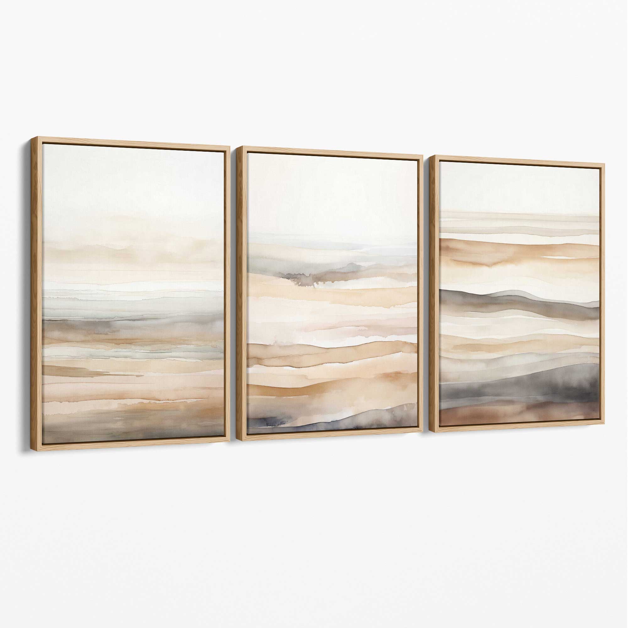 Beige and Sand Set of 3 Abstract Waves Canvas Prints with Oak Float Frame