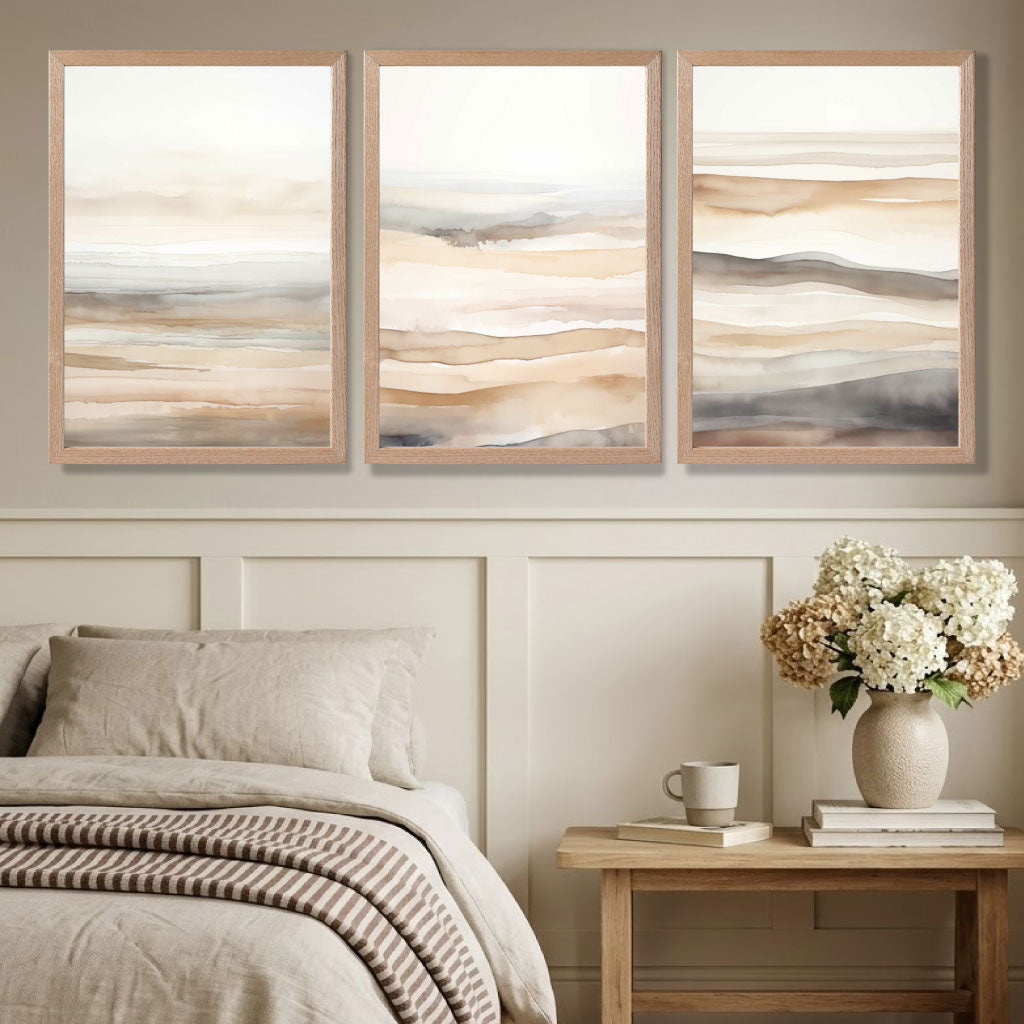 Beige and Sand Set of 3 Abstract Waves Art Prints in White Frames | Artze UK