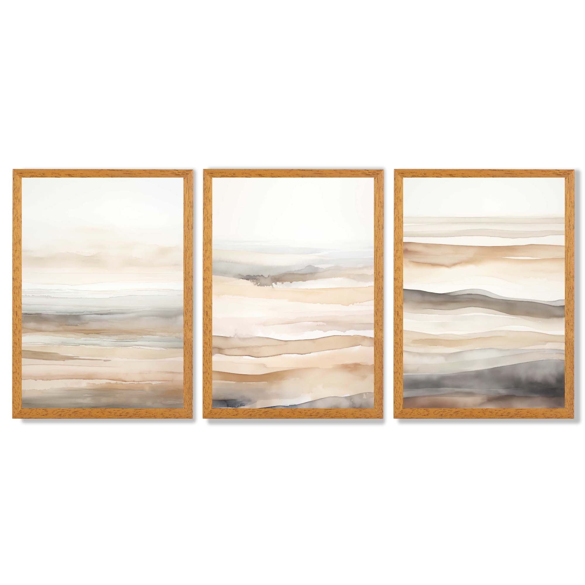 Beige and Sand Set of 3 Abstract Waves Framed Wall Art with Oak Wooden Frames