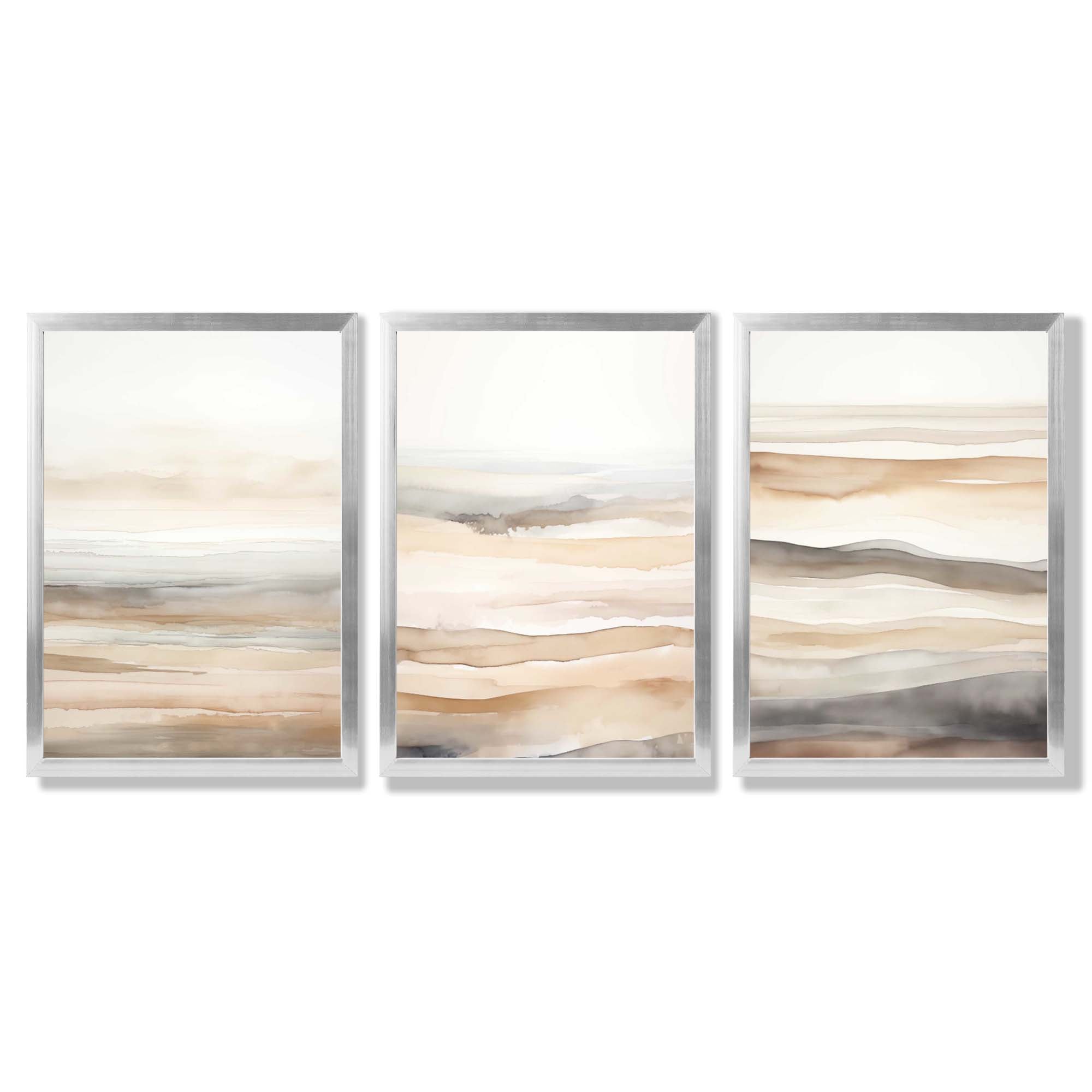Beige and Sand Set of 3 Abstract Waves Framed Wall Art with Silver Wood Frames