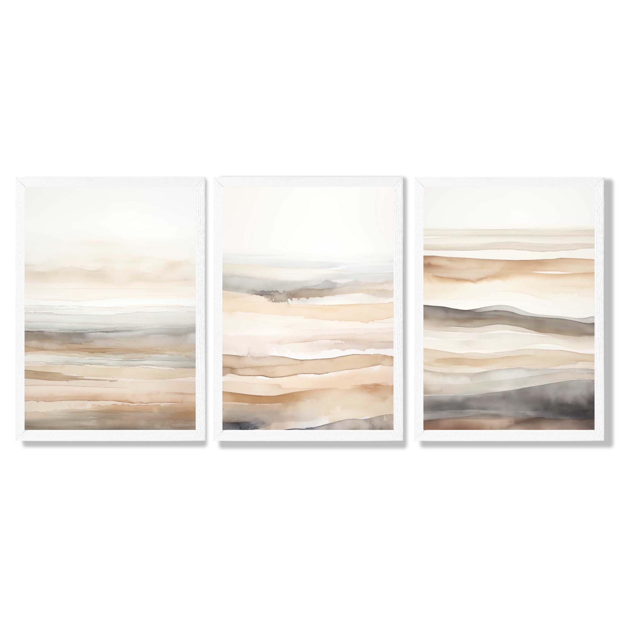 Beige and Sand Set of 3 Abstract Waves Framed Wall Art with White Wooden Frames