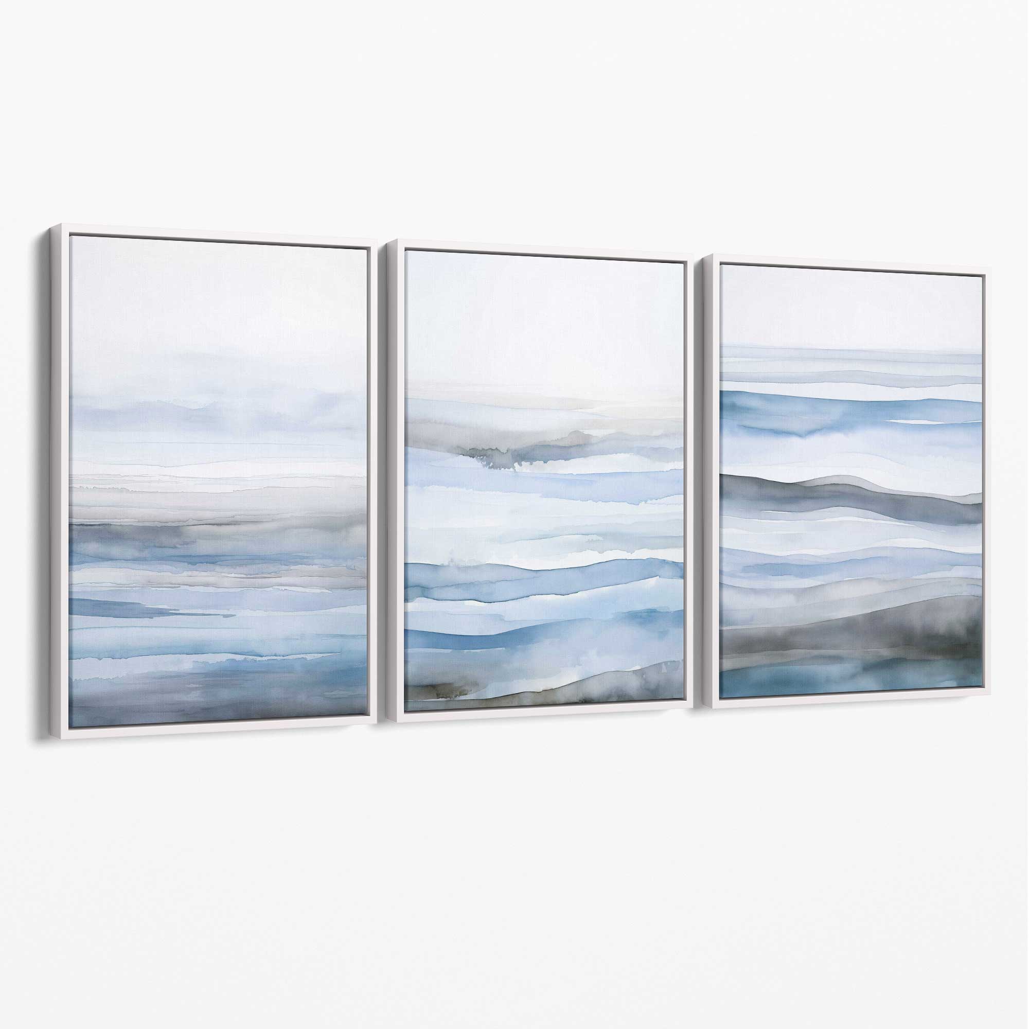 Set of 3 Abstract Blue Waves Canvas Prints with White Float Frame