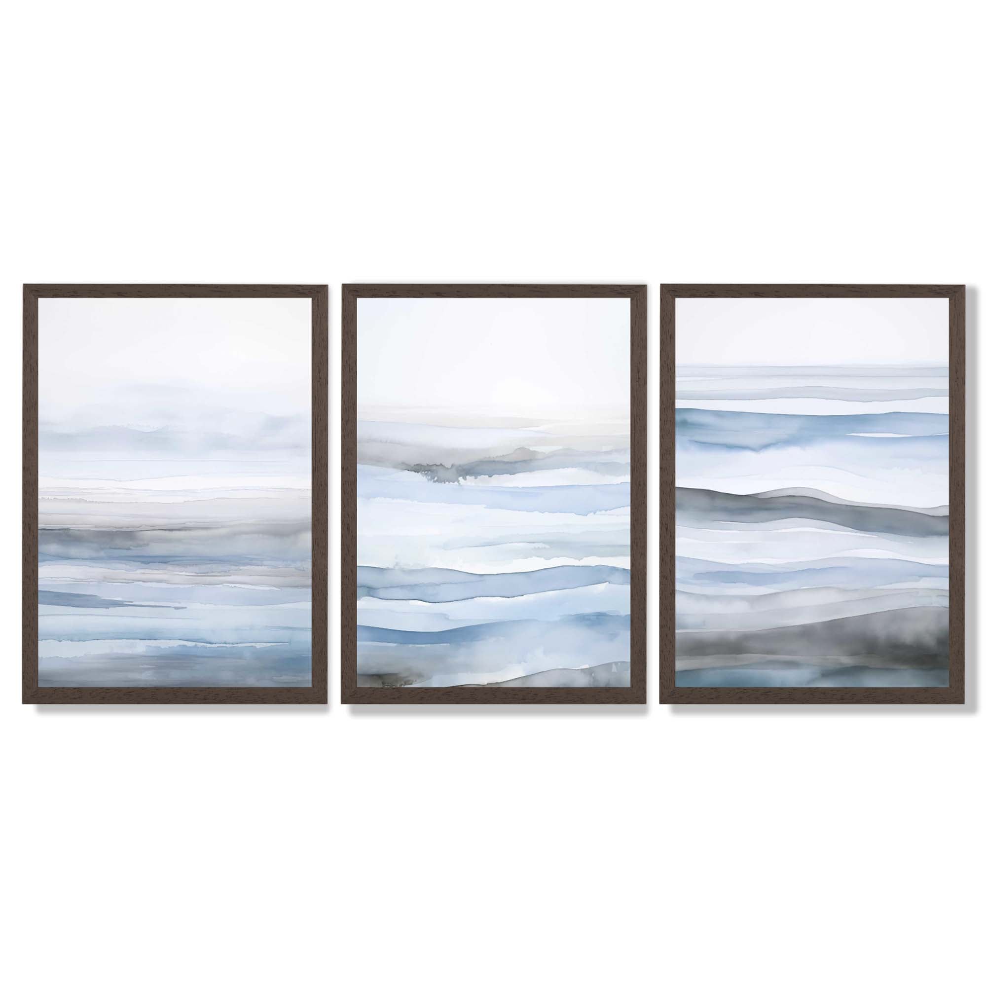 Set of 3 Abstract Blue Waves Framed Wall Art with Dark Wood Frames