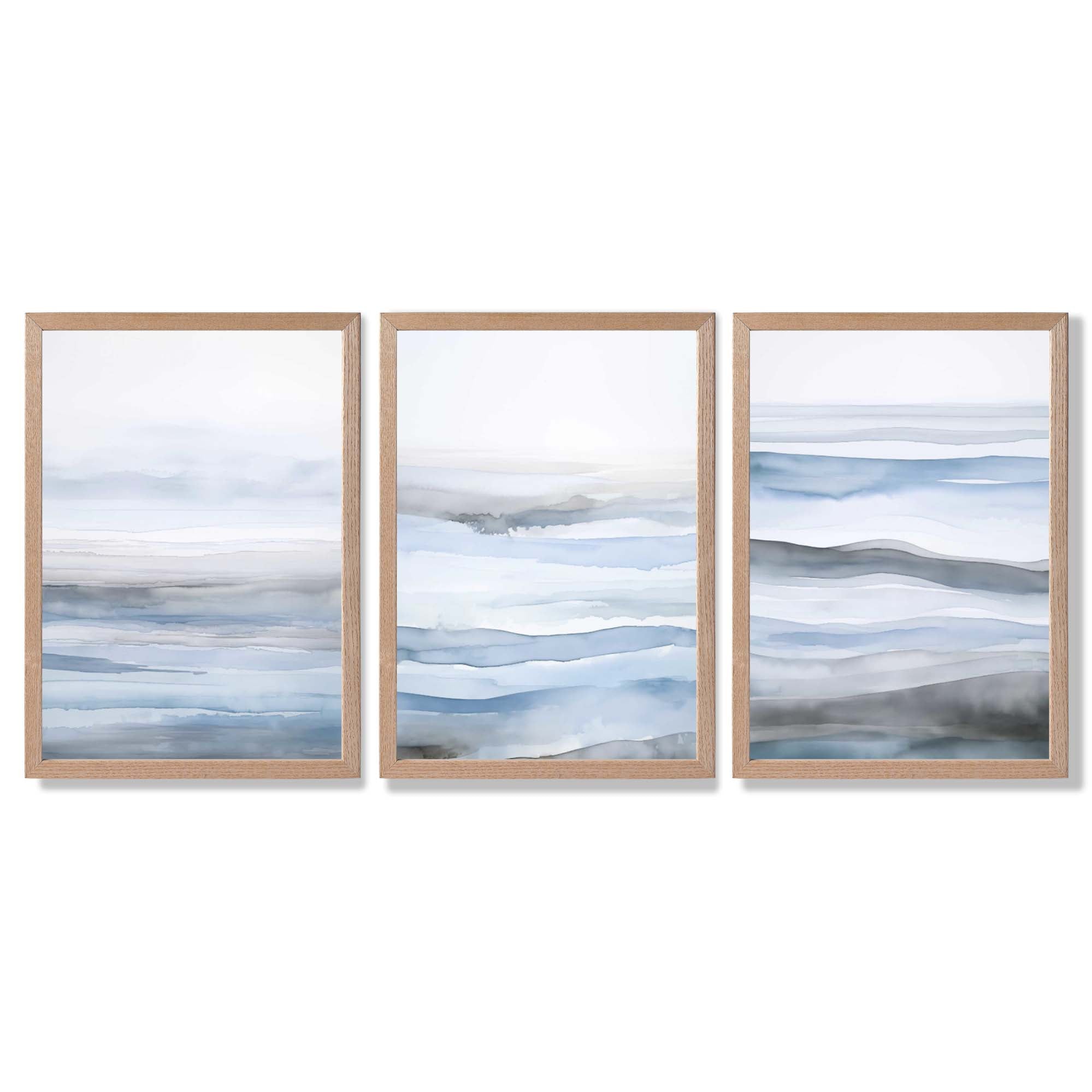 Set of 3 Abstract Blue Waves Framed Wall Art with Light Oak Frames