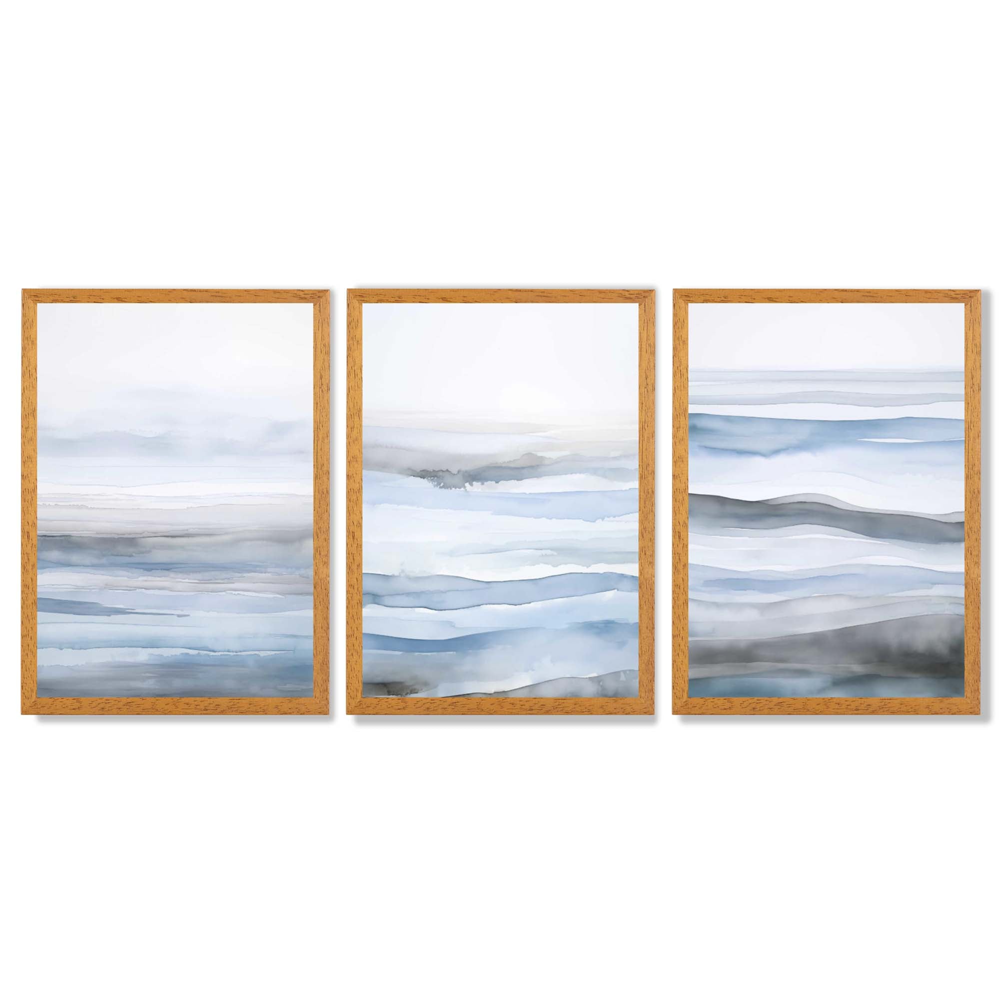 Set of 3 Abstract Blue Waves Framed Wall Art with Oak Wooden Frames