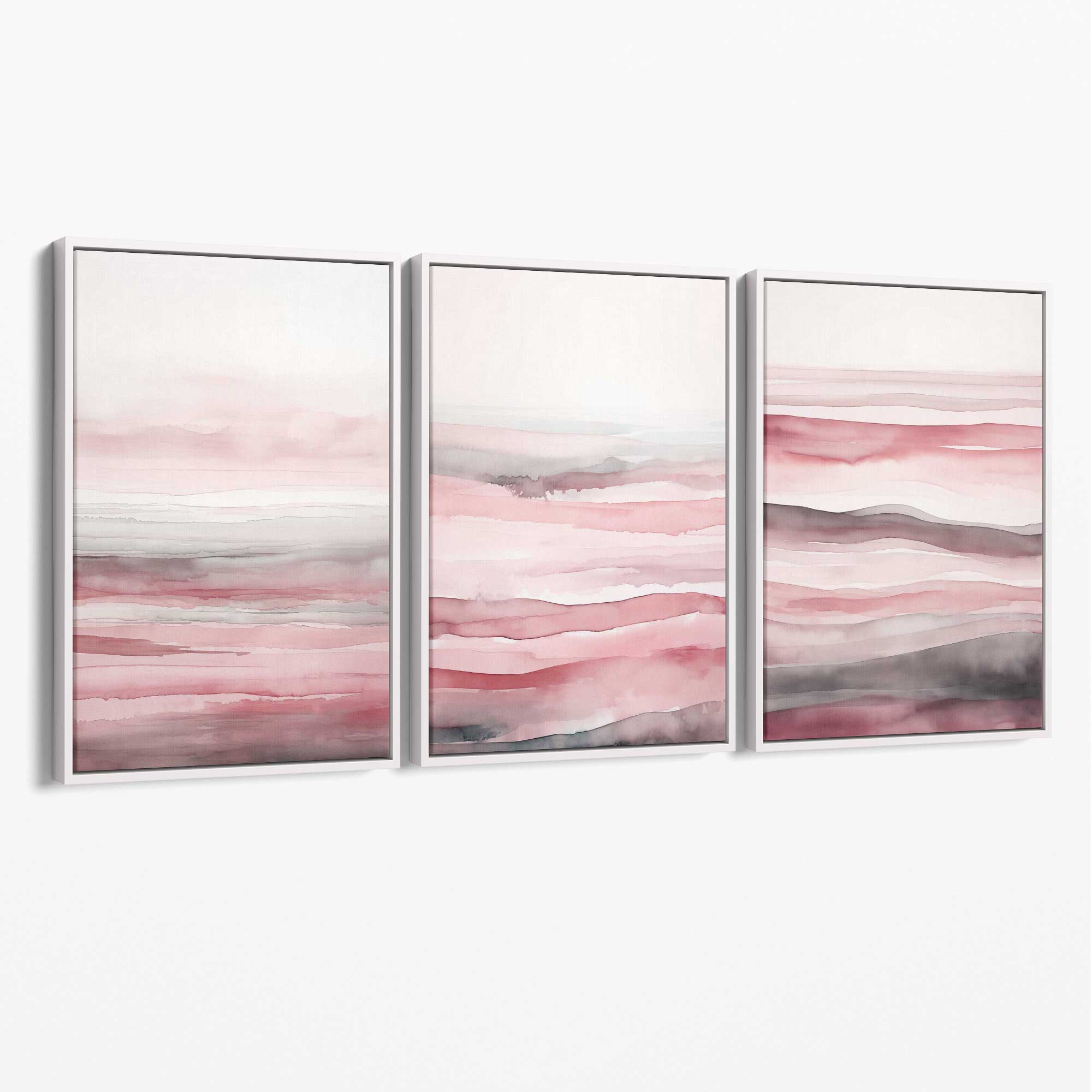 Set of 3 Abstract Pink Sunset Waves Canvas Prints with White Float Frame