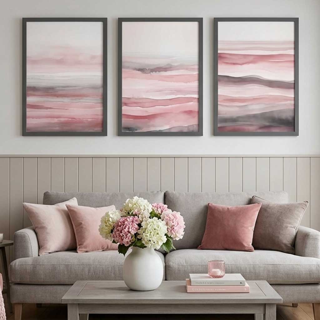 Set of 3 Abstract Pink Sunset Waves Art Prints in Black Frames | Artze UK