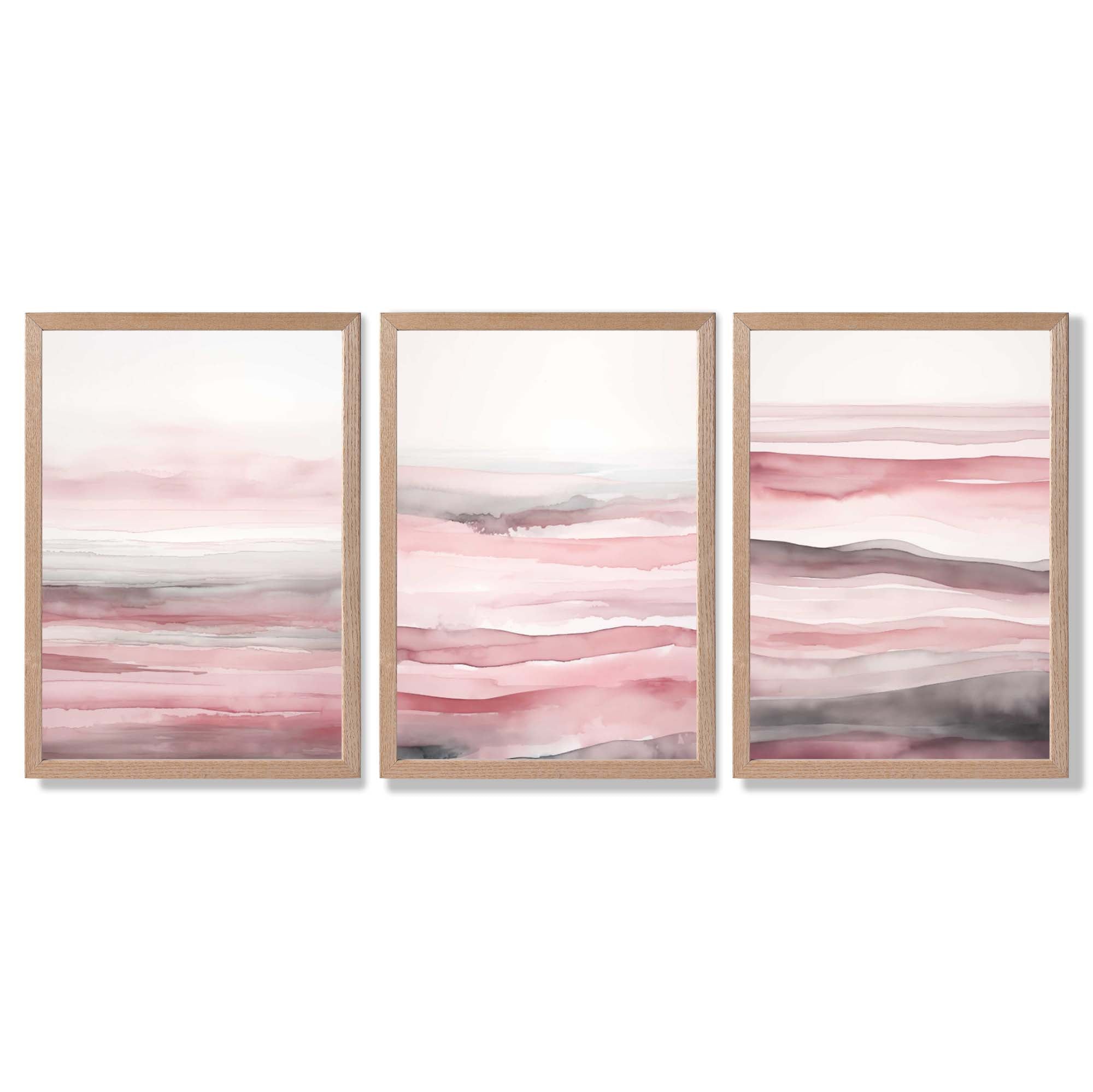 Set of 3 Abstract Pink Sunset Waves Framed Wall Art with Light Oak Frames