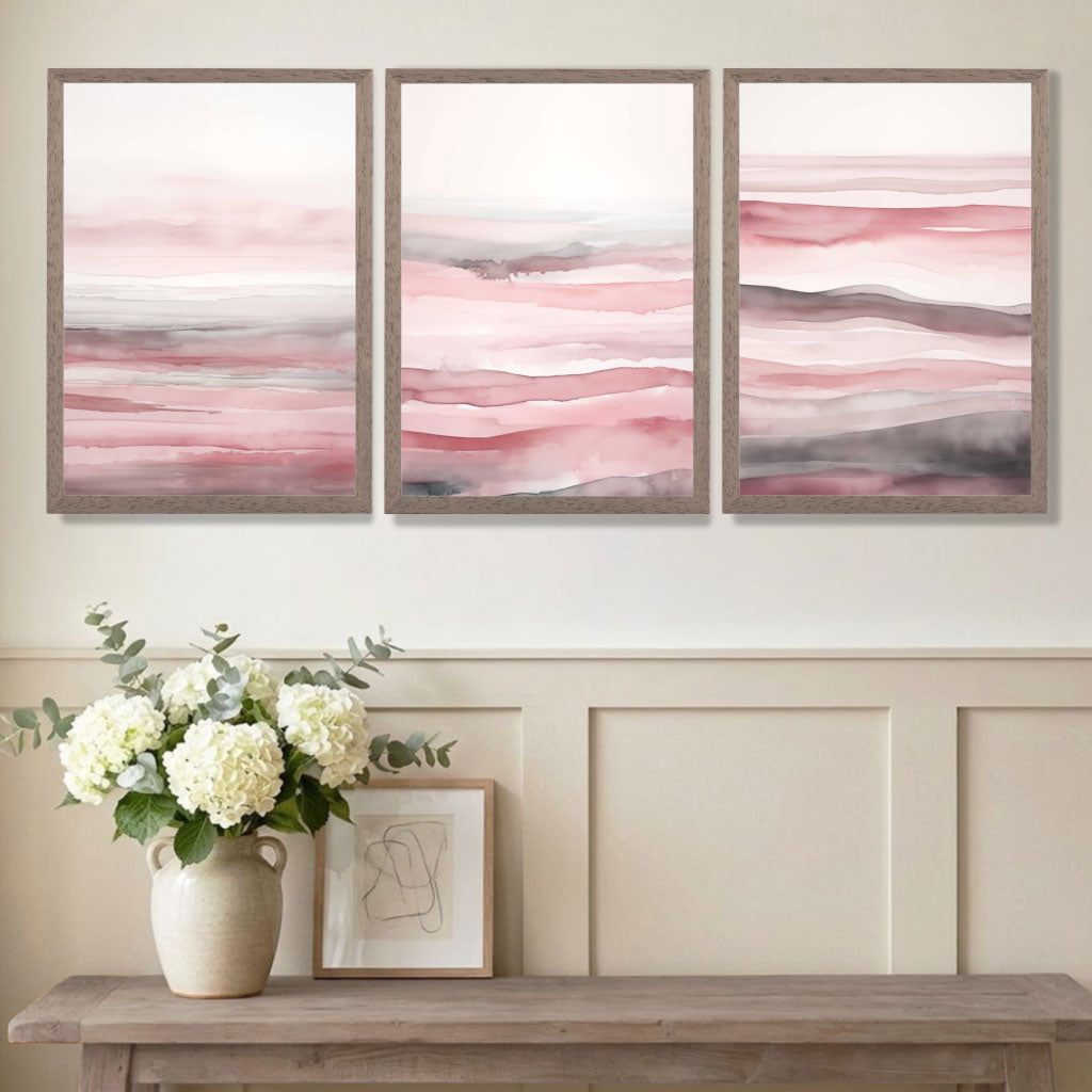 Set of 3 Abstract Pink Sunset Waves Art Prints in White Frames | Artze UK