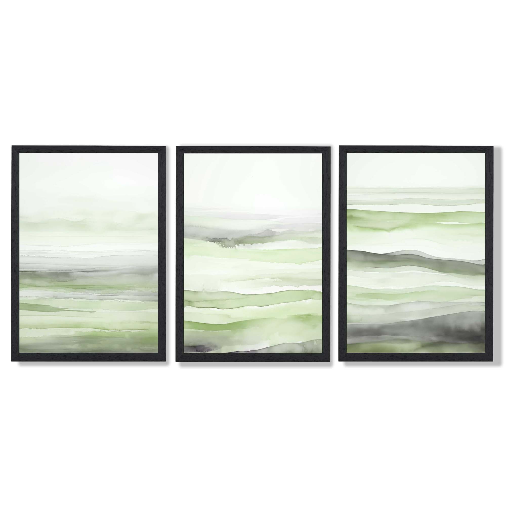 Set of 3 Abstract Green Meadow Waves Framed Wall Art with Black Wooden Frames