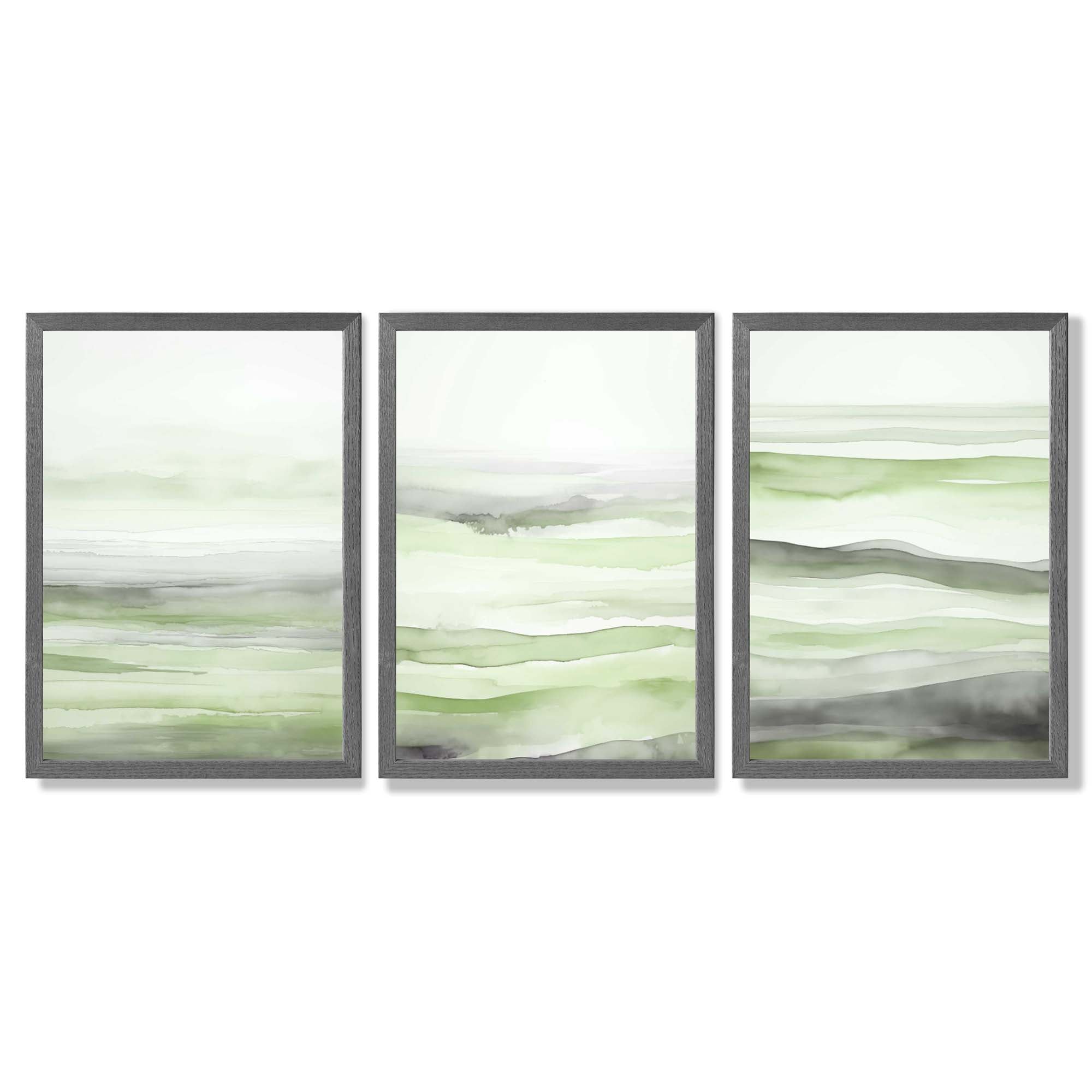 Set of 3 Abstract Green Meadow Waves Framed Wall Art with Dark Grey Wooden Frames