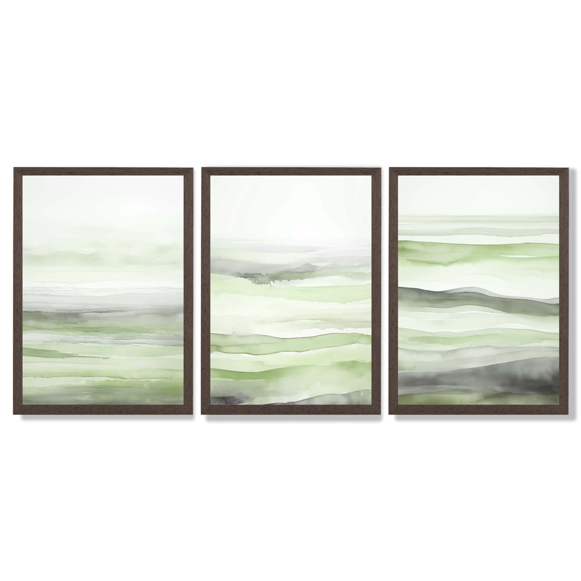 Set of 3 Abstract Green Meadow Waves Framed Wall Art with Dark Wood Frames