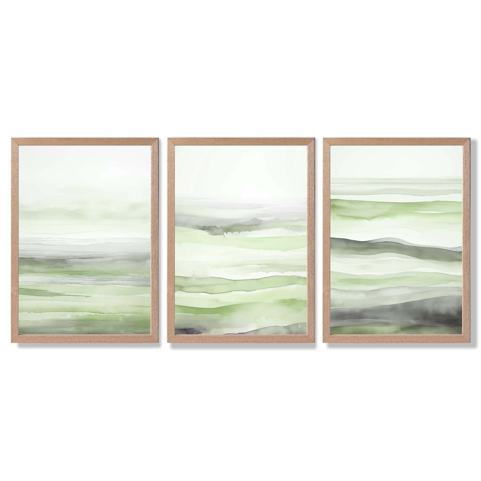 Set of 3 Abstract Green Meadow Waves Framed Wall Art with Light Oak Frames