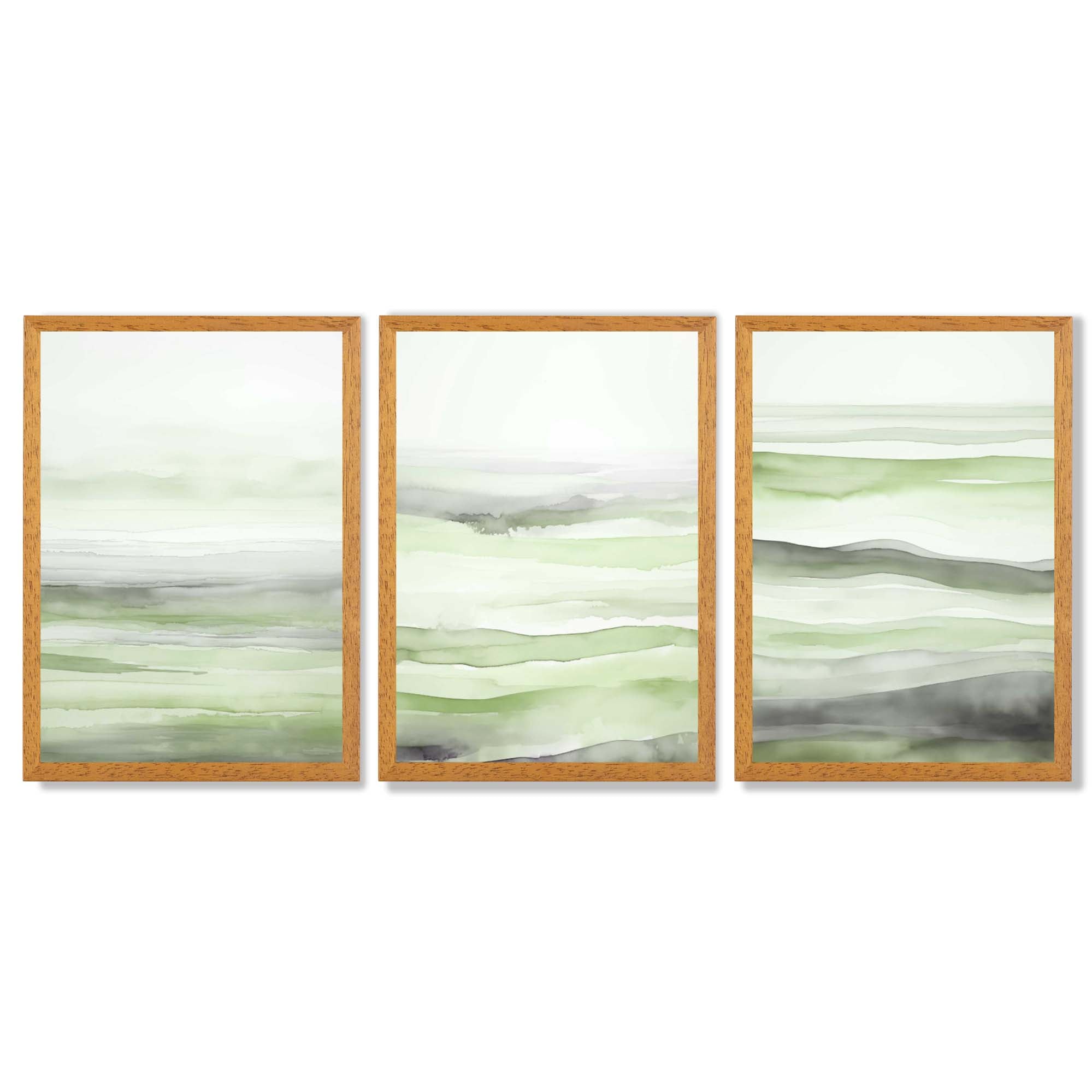 Set of 3 Abstract Green Meadow Waves Framed Wall Art with Oak Wooden Frames