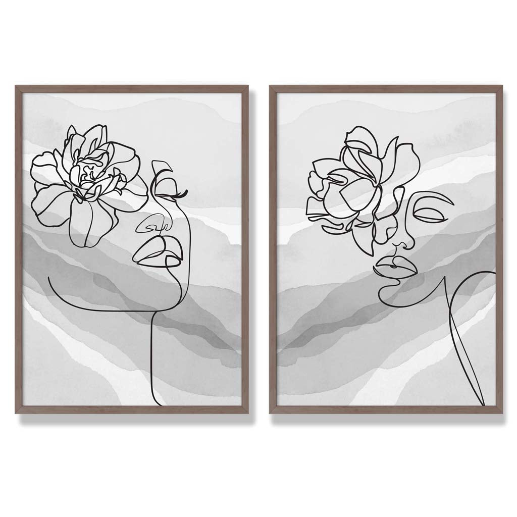 Grey Line Art Fashion Face With Flowers Set of 2 Art Prints with Walnut Frame