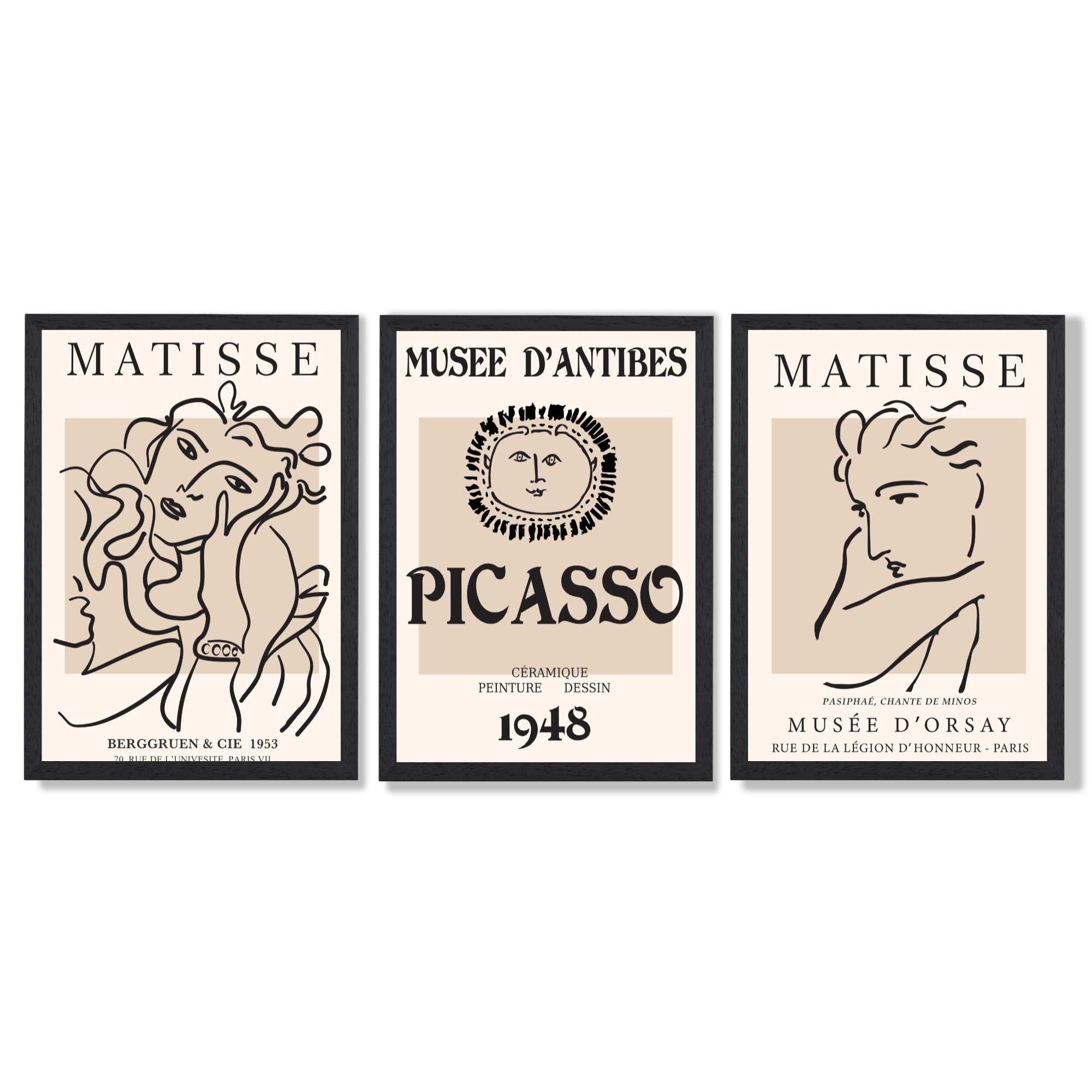 Set of 3 Beige Matisse and Picasso Modern Fashion Framed Wall Art with Black Wooden Frames