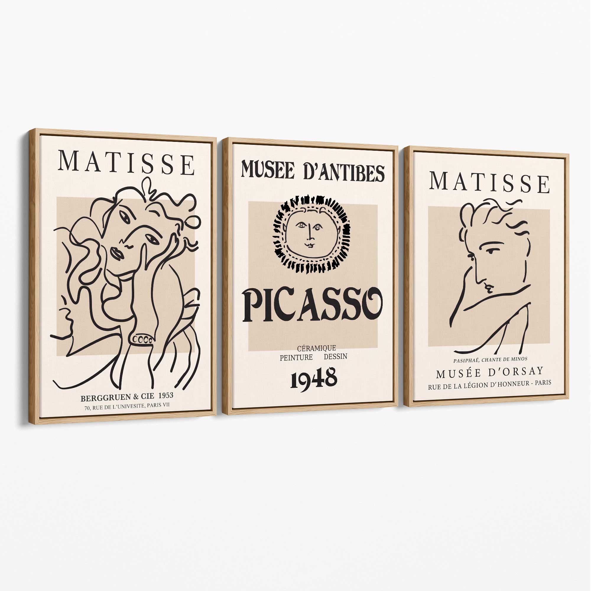 Set of 3 Beige Matisse and Picasso Modern Fashion Canvas Prints with Oak Float Frame