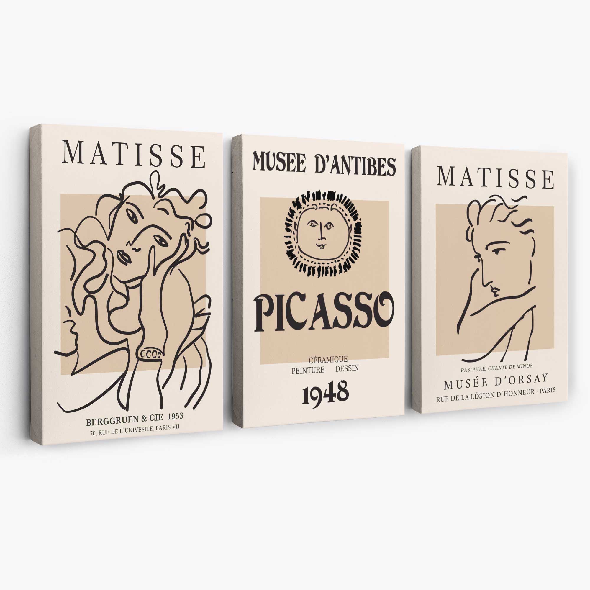 Set of 3 Beige Matisse and Picasso Modern Fashion Canvas Prints | Artze Wall Art